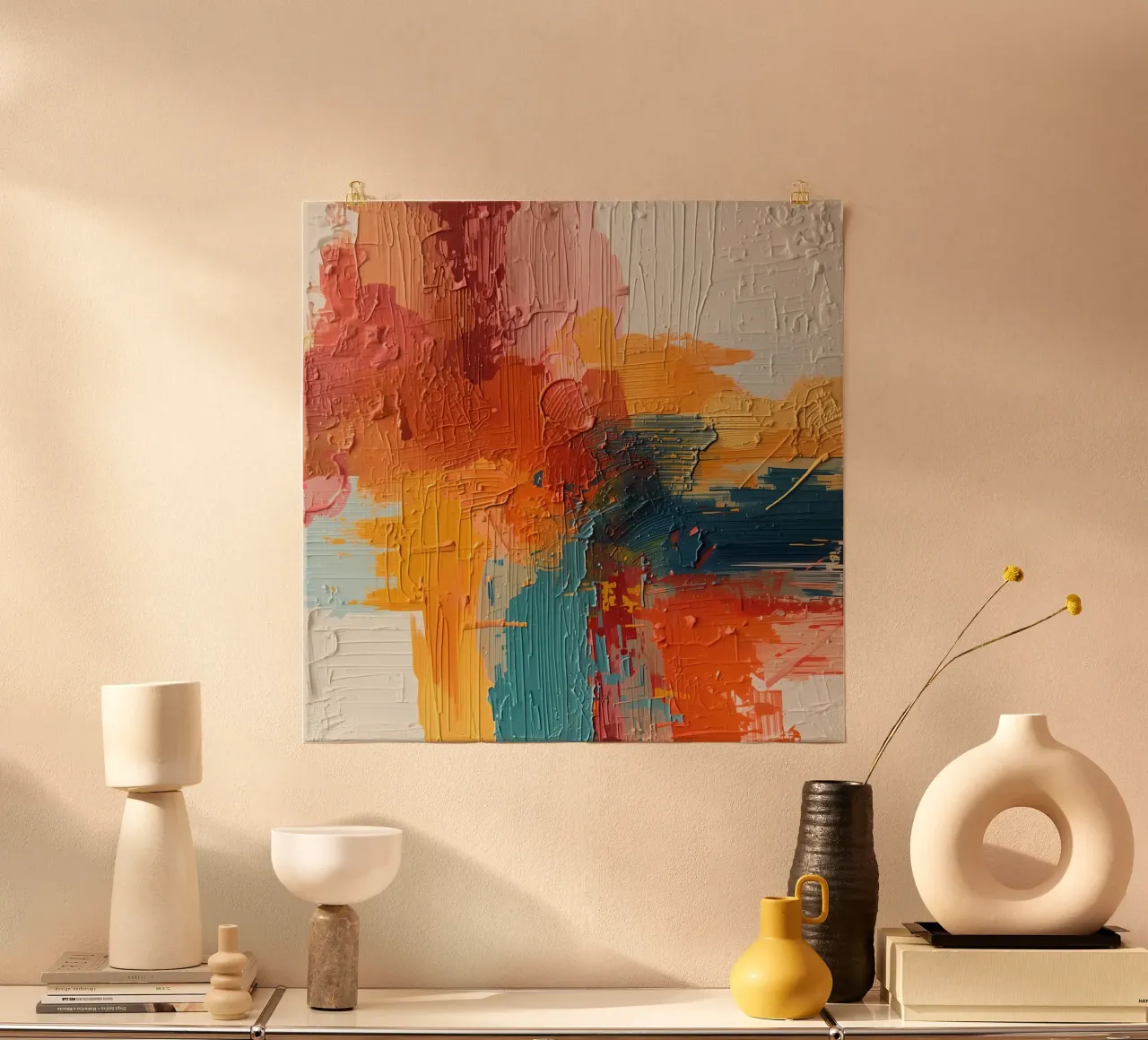 Pittura astratta con texture arancione, giallo, rosa e blu. poster con telaio in alluminio da DesignDoodle