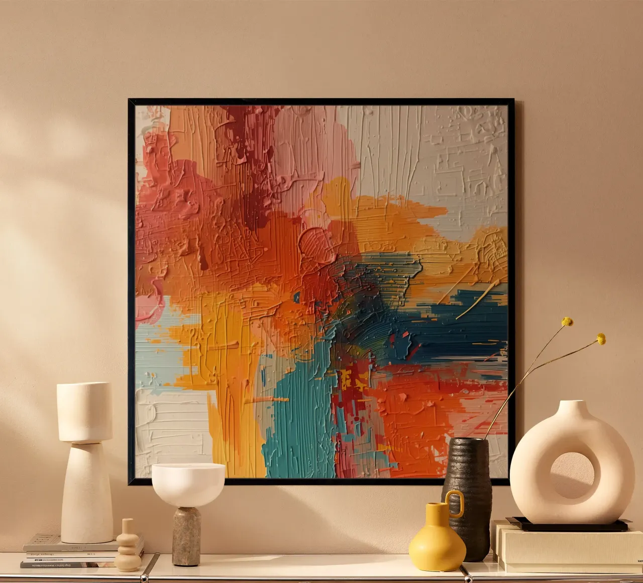 Peinture abstraite texturée avec orange, jaune, rose et bleu poster de DesignDoodle