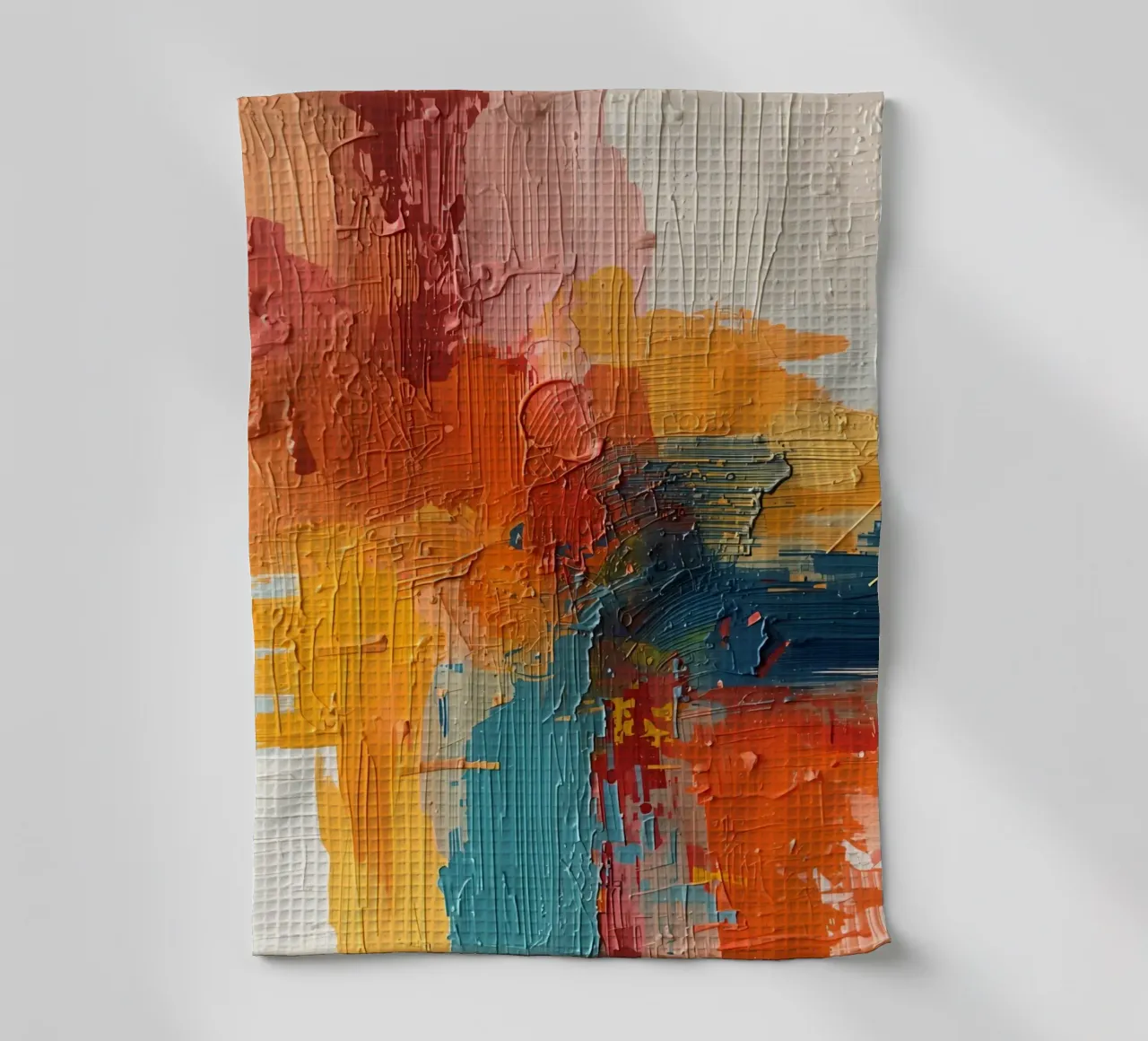 Peinture abstraite texturée avec orange, jaune, rose et bleu torchon de DesignDoodle