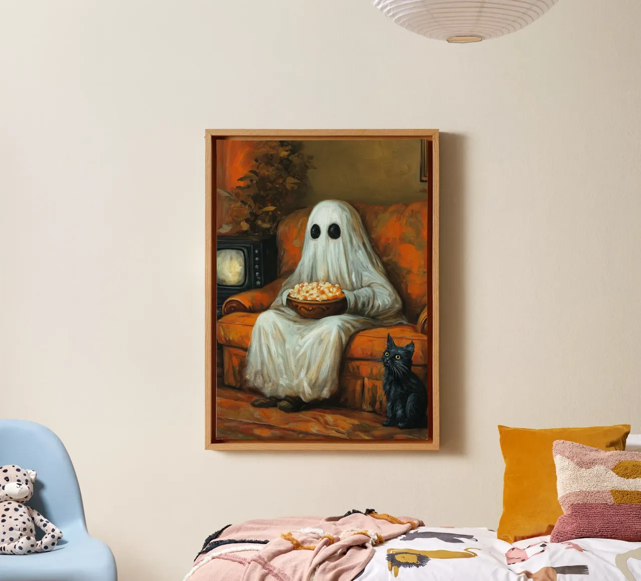 Spooky Halloween Ghost Watching TV with Popcorn canvas with Floater frame by Fleur de Lys