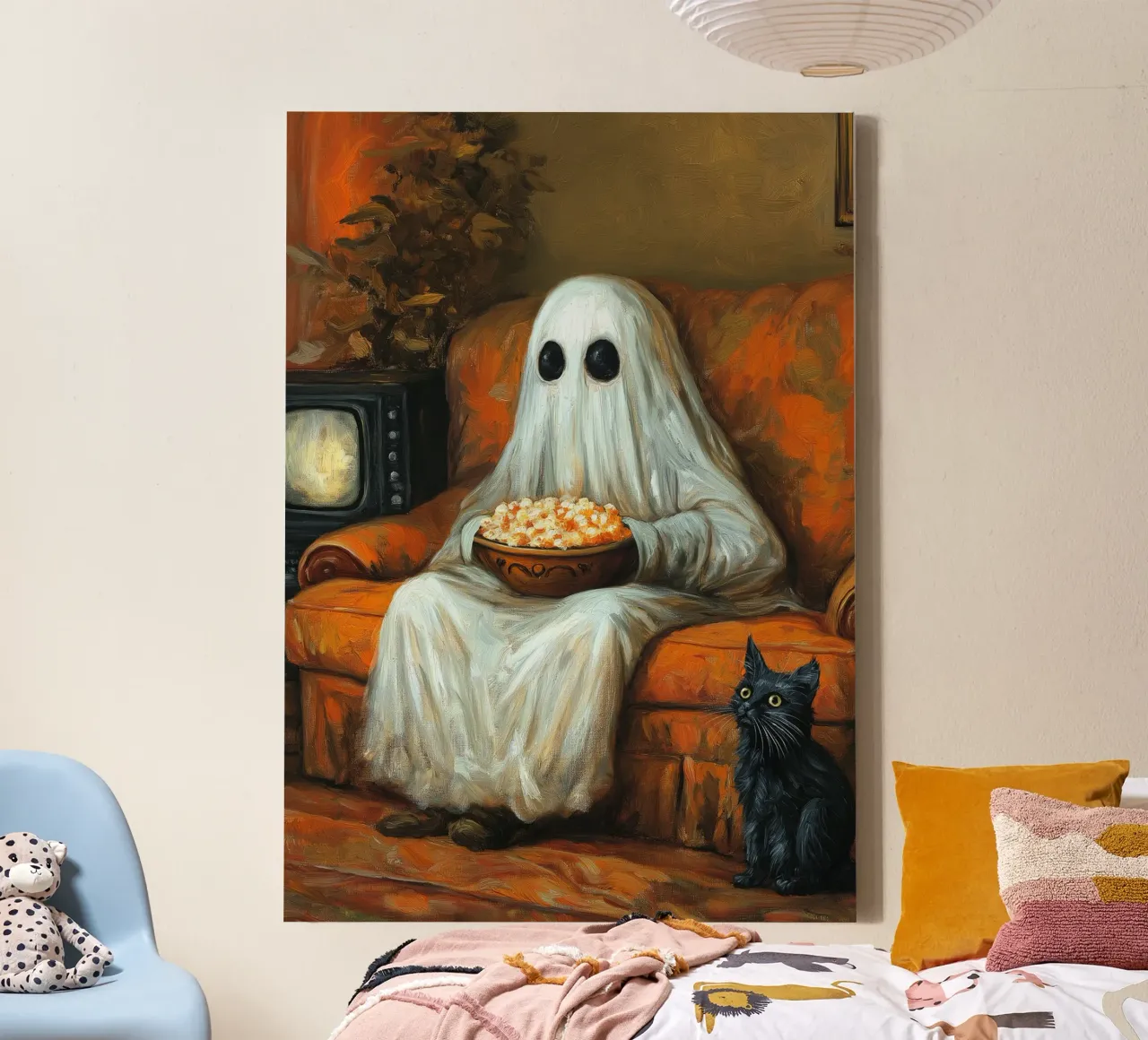 Spooky Halloween Ghost Watching TV with Popcorn canvas with Floater frame by Fleur de Lys