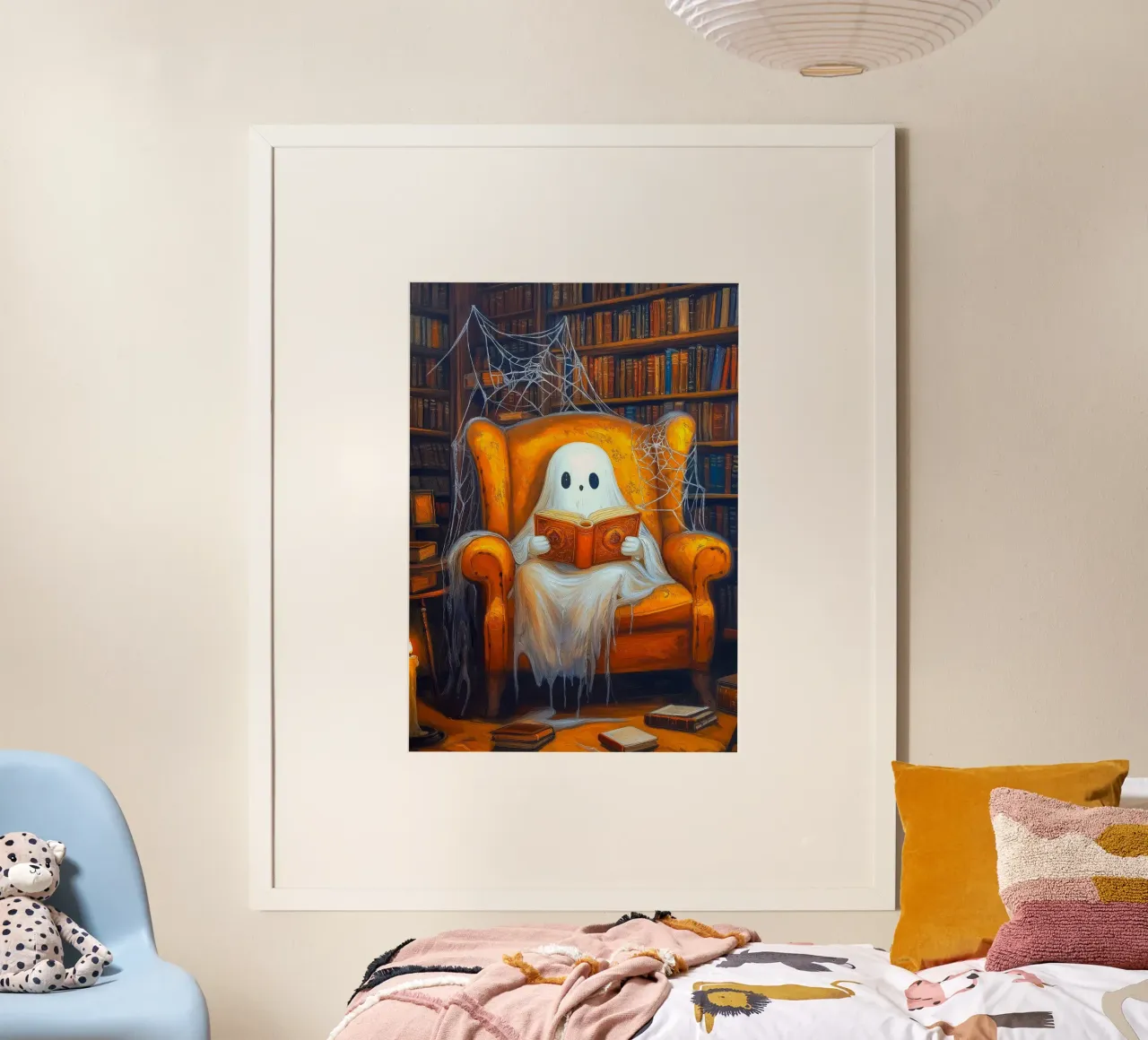 Libro di Halloween in poltrona per la lettura dei fantasmi poster con telaio in legno da Fleur de Lys