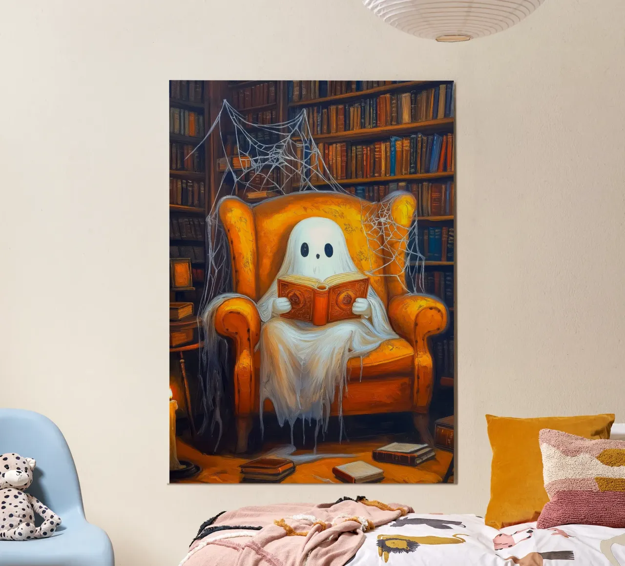 Libro di Halloween in poltrona per la lettura dei fantasmi poster con telaio in legno da Fleur de Lys