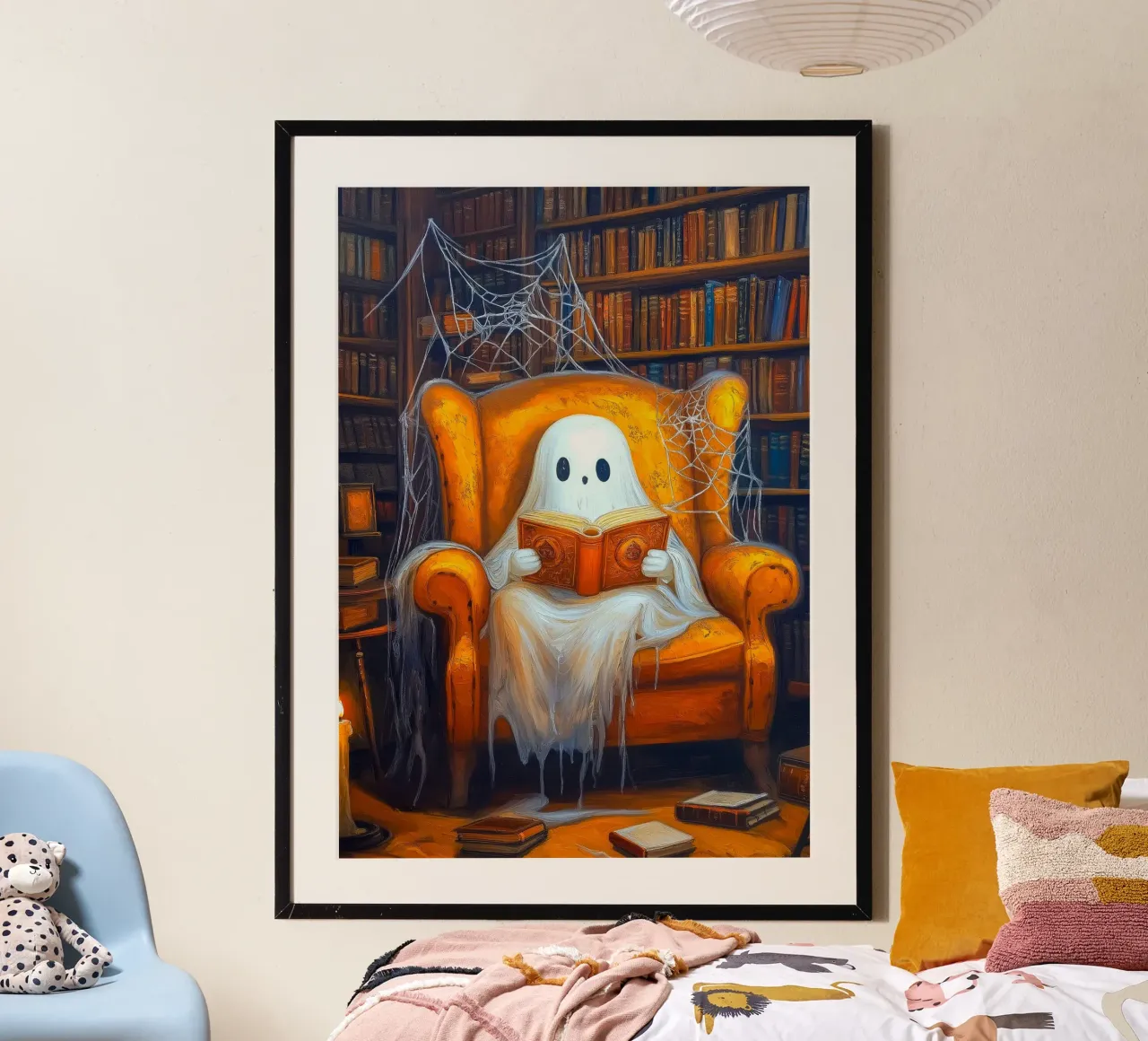 Libro di Halloween in poltrona per la lettura dei fantasmi poster con telaio in legno da Fleur de Lys