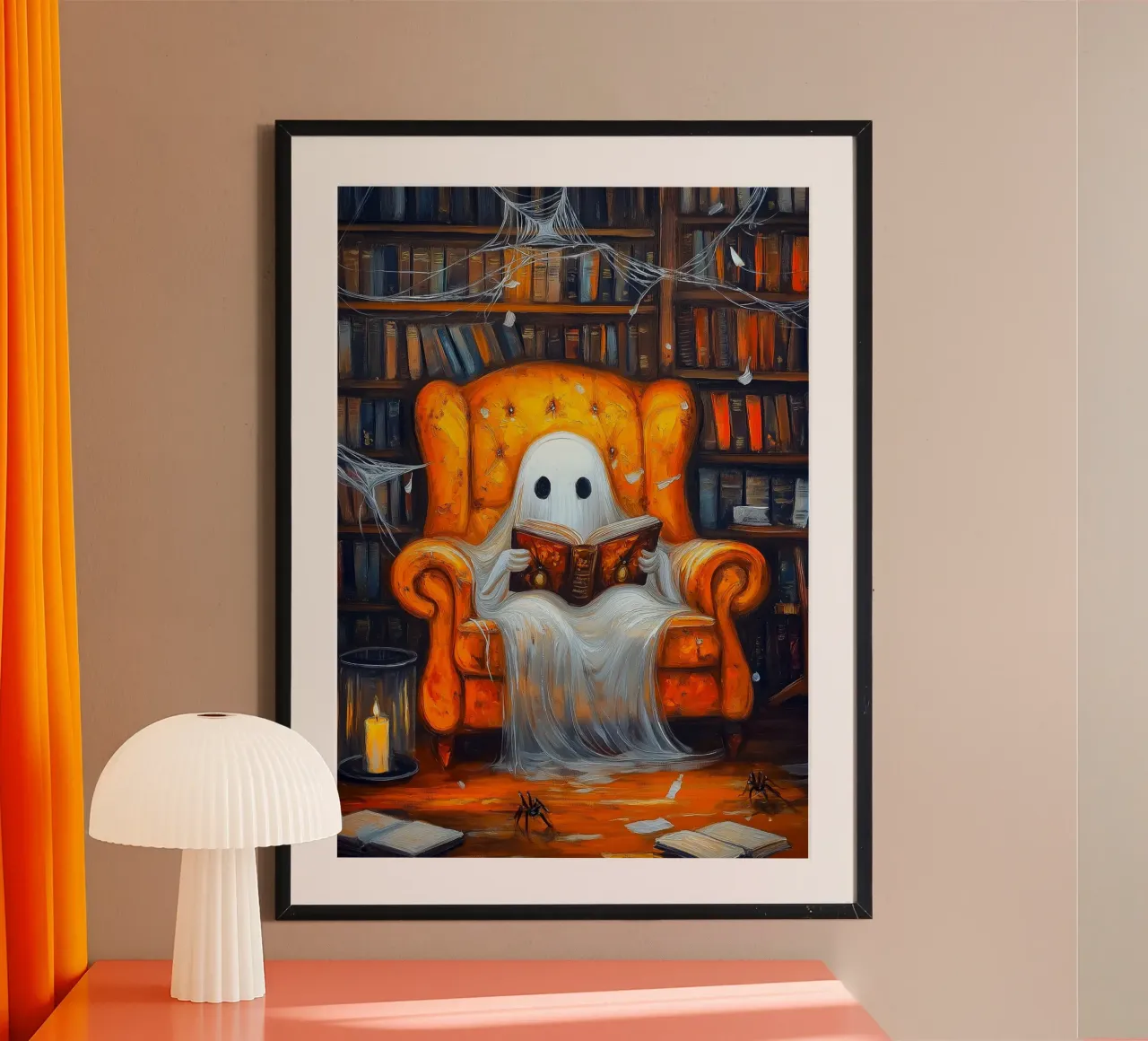 Libro di lettura di fantasmi spettrali in poltrona poster con telaio in alluminio da Fleur de Lys