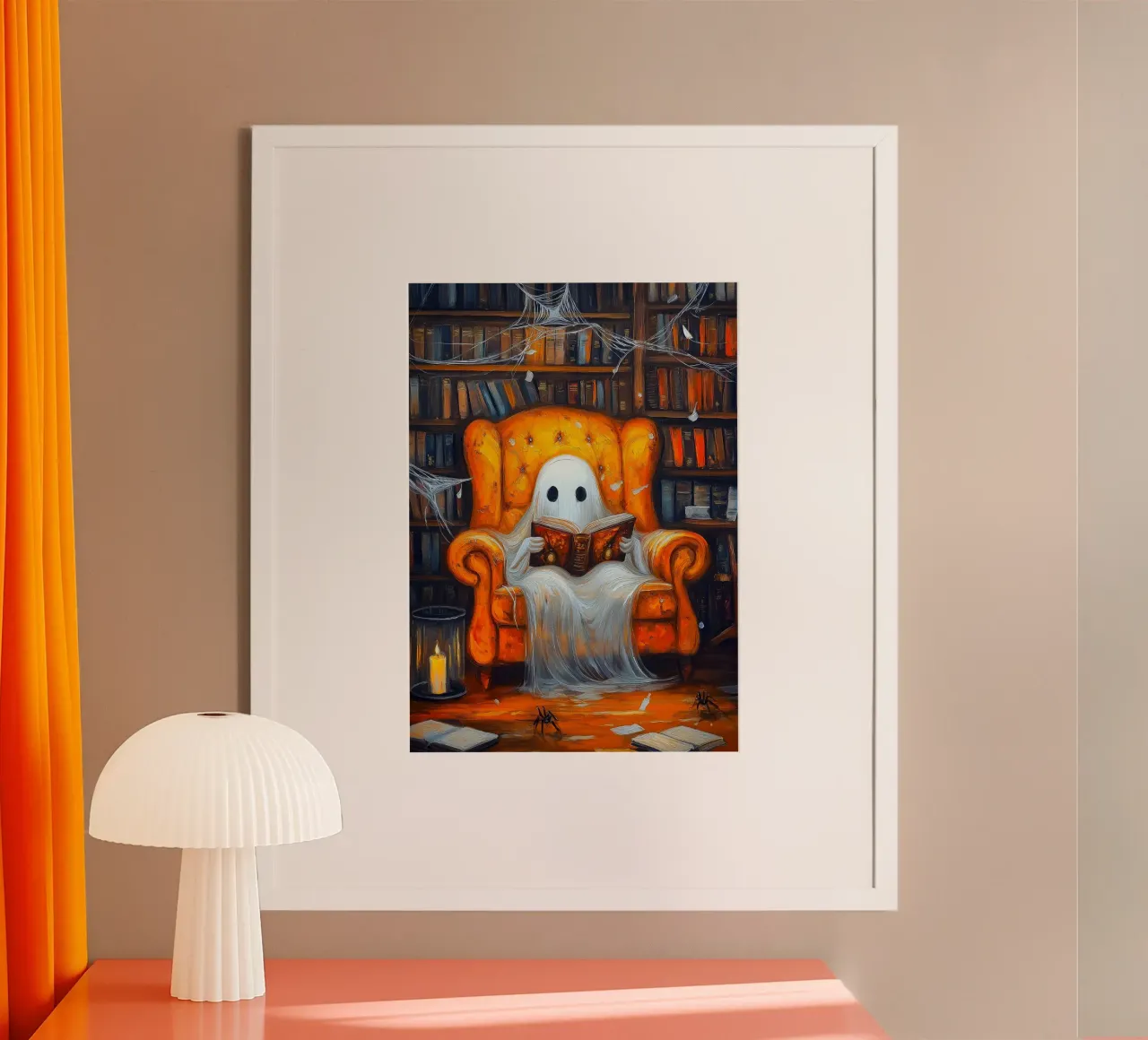 Libro di lettura di fantasmi spettrali in poltrona poster con telaio in alluminio da Fleur de Lys