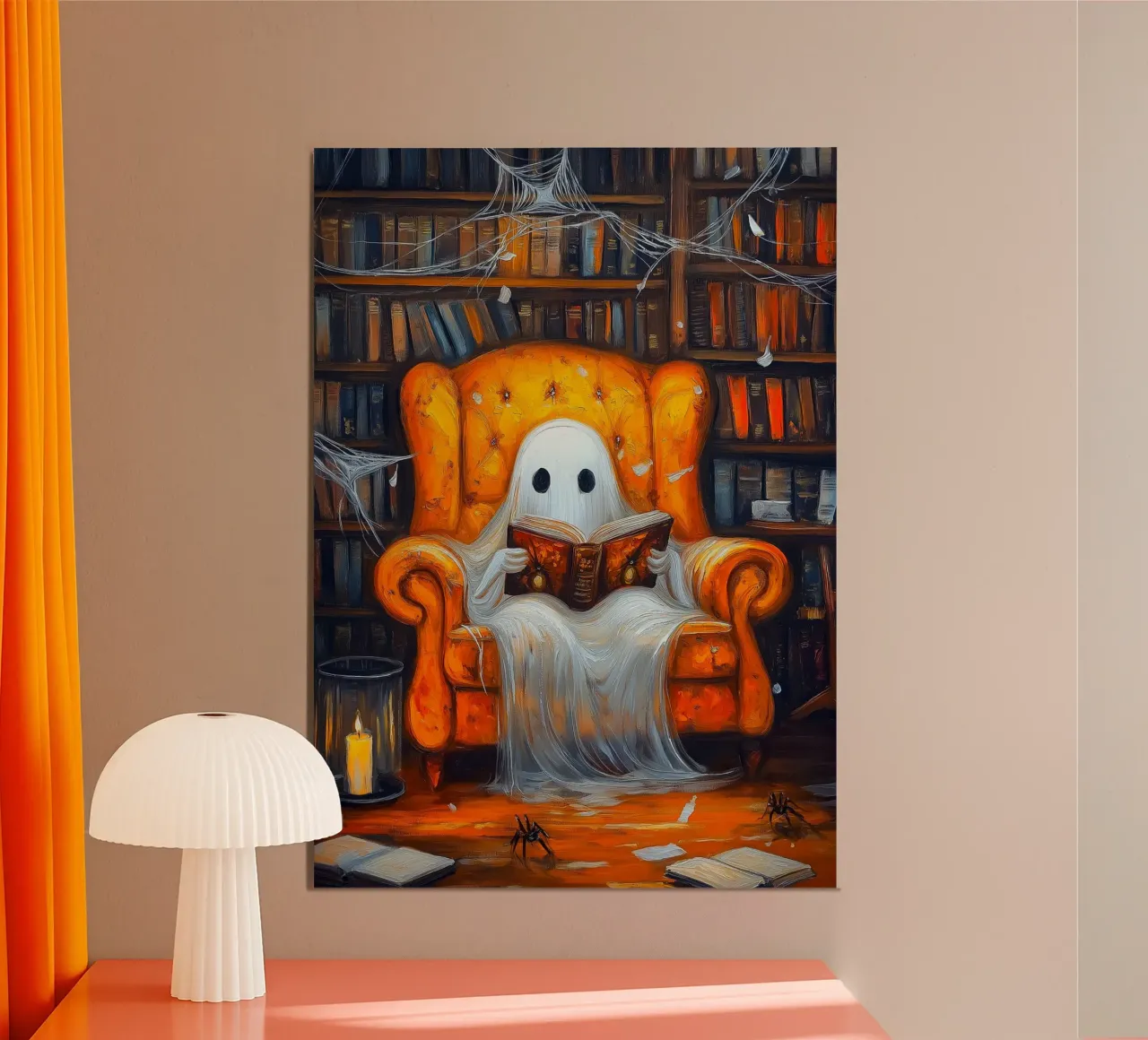 Libro di lettura di fantasmi spettrali in poltrona poster con telaio in alluminio da Fleur de Lys