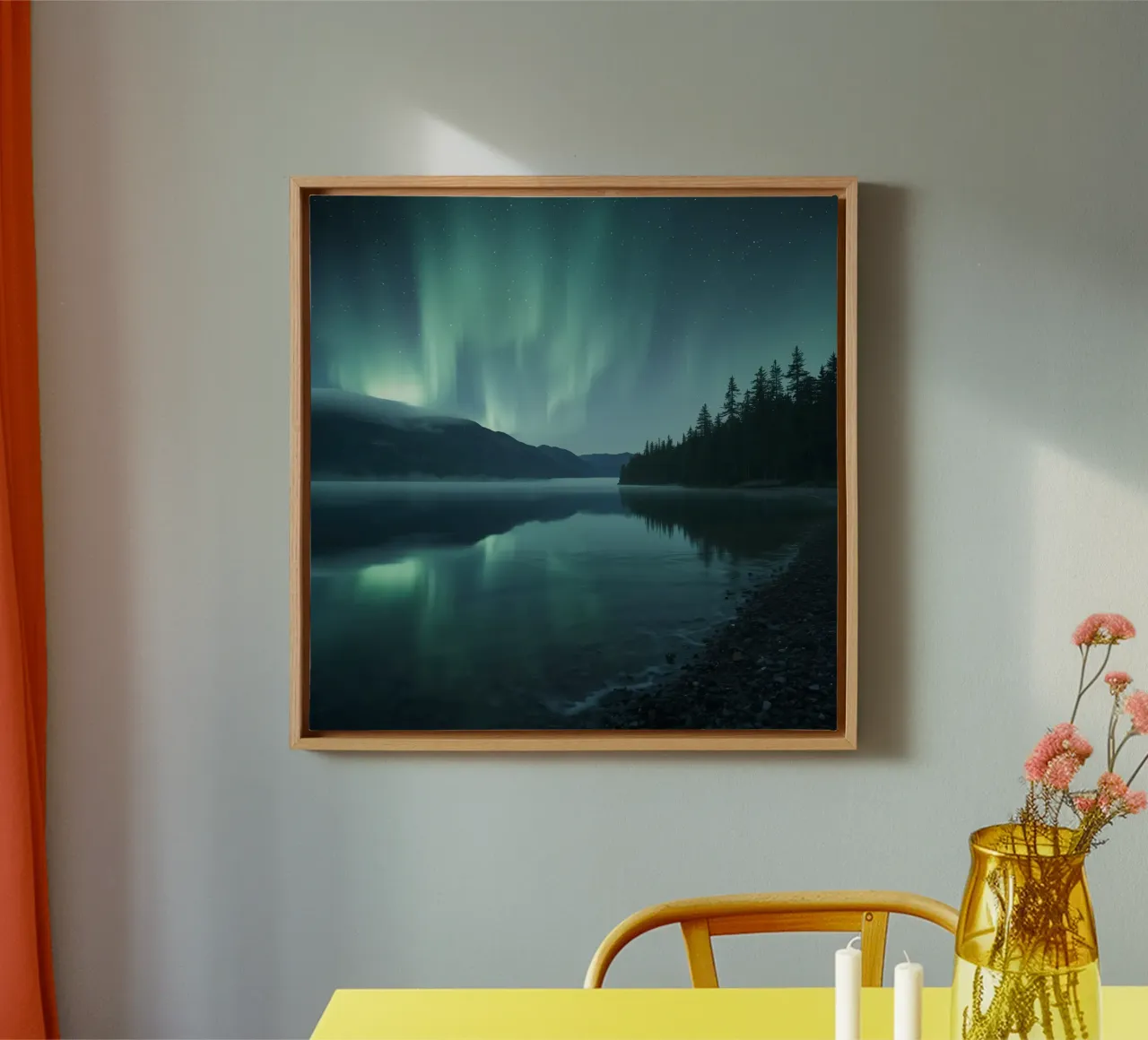 Aurora Borealis Reflecting on Lake with Mountains and Forest canvas with Floater frame by DesignDoodle