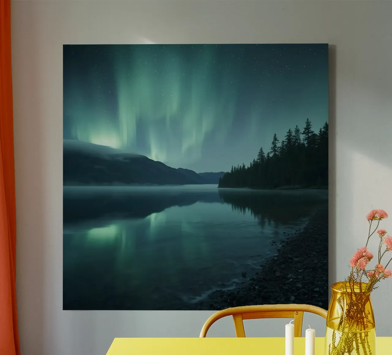 Aurora Borealis Reflecting on Lake with Mountains and Forest canvas with Floater frame by DesignDoodle