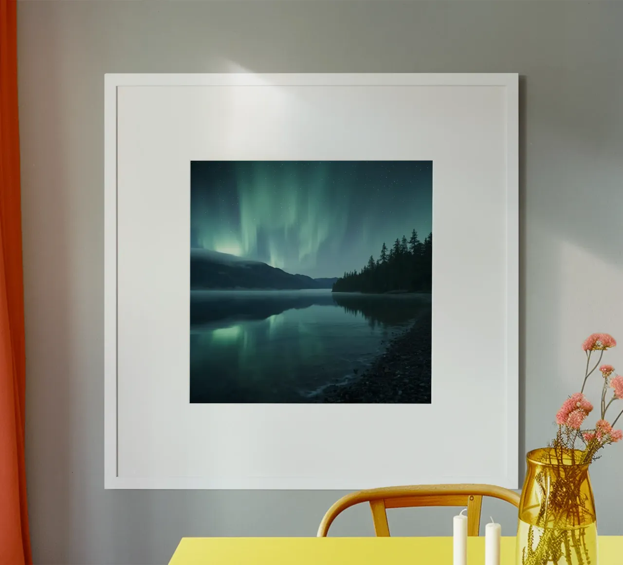 Aurora Borealis weerkaatst op meer met bergen en bos poster van DesignDoodle