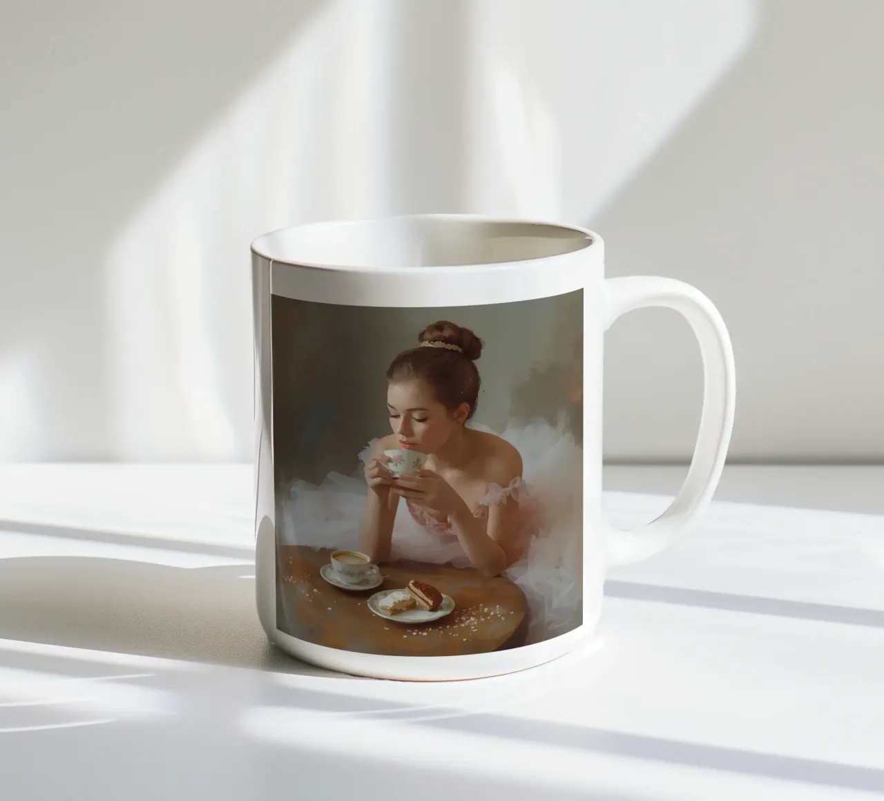 Ballerina con caffè e pasticcini al tavolo tazza in ceramica da DesignDoodle