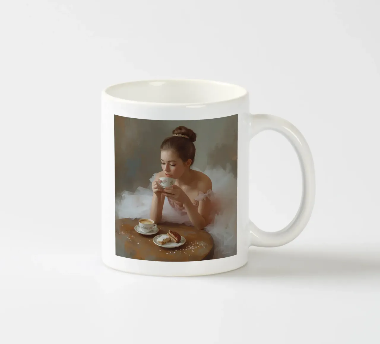 Ballerina con caffè e pasticcini al tavolo tazza in ceramica da DesignDoodle