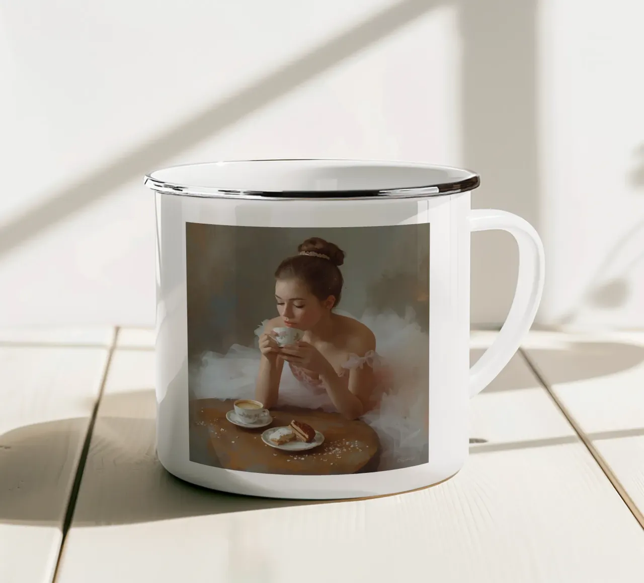 Ballerina con caffè e pasticcini al tavolo tazza in smalto da DesignDoodle