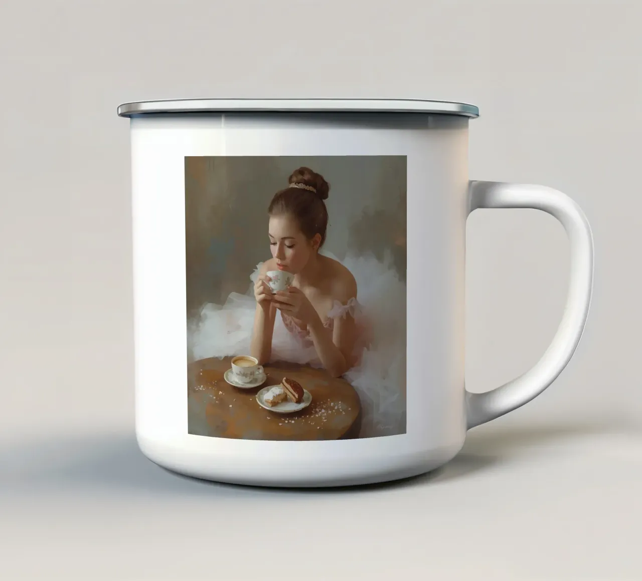 Ballerina con caffè e pasticcini al tavolo tazza in smalto da DesignDoodle