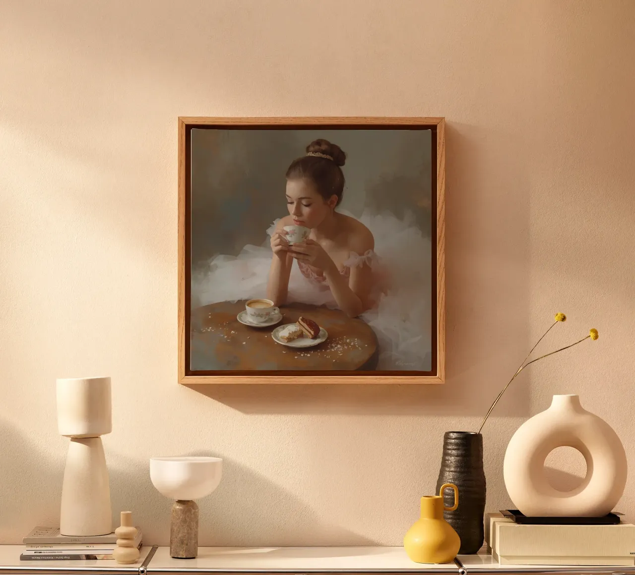 Ballerina with Coffee and Pastry at Table canvas with Floater frame by DesignDoodle