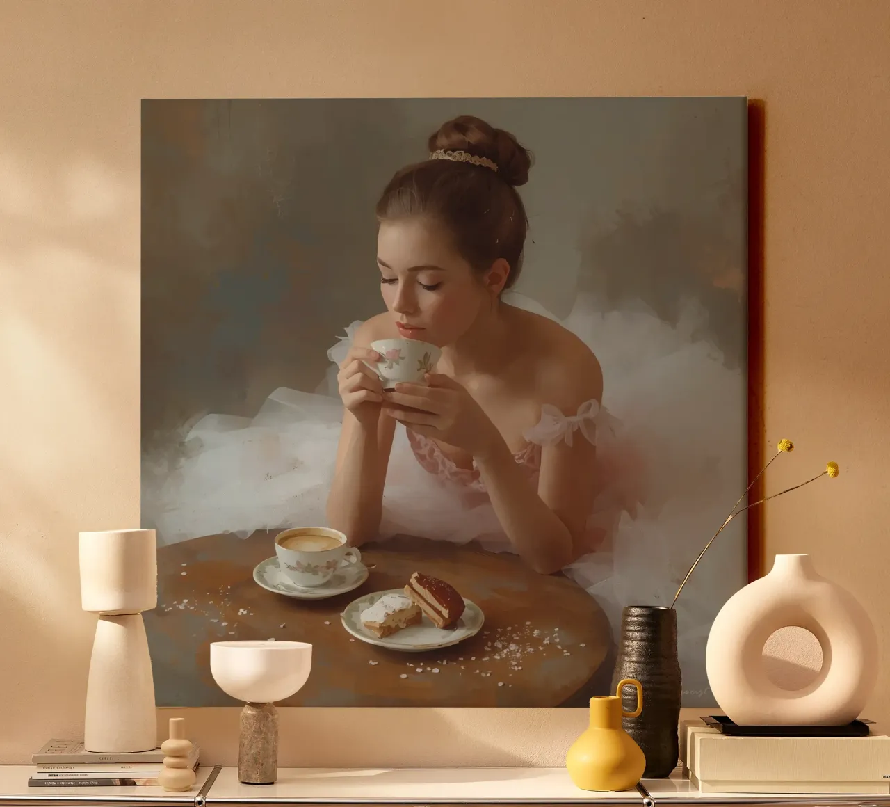 Ballerina with Coffee and Pastry at Table canvas with Floater frame by DesignDoodle