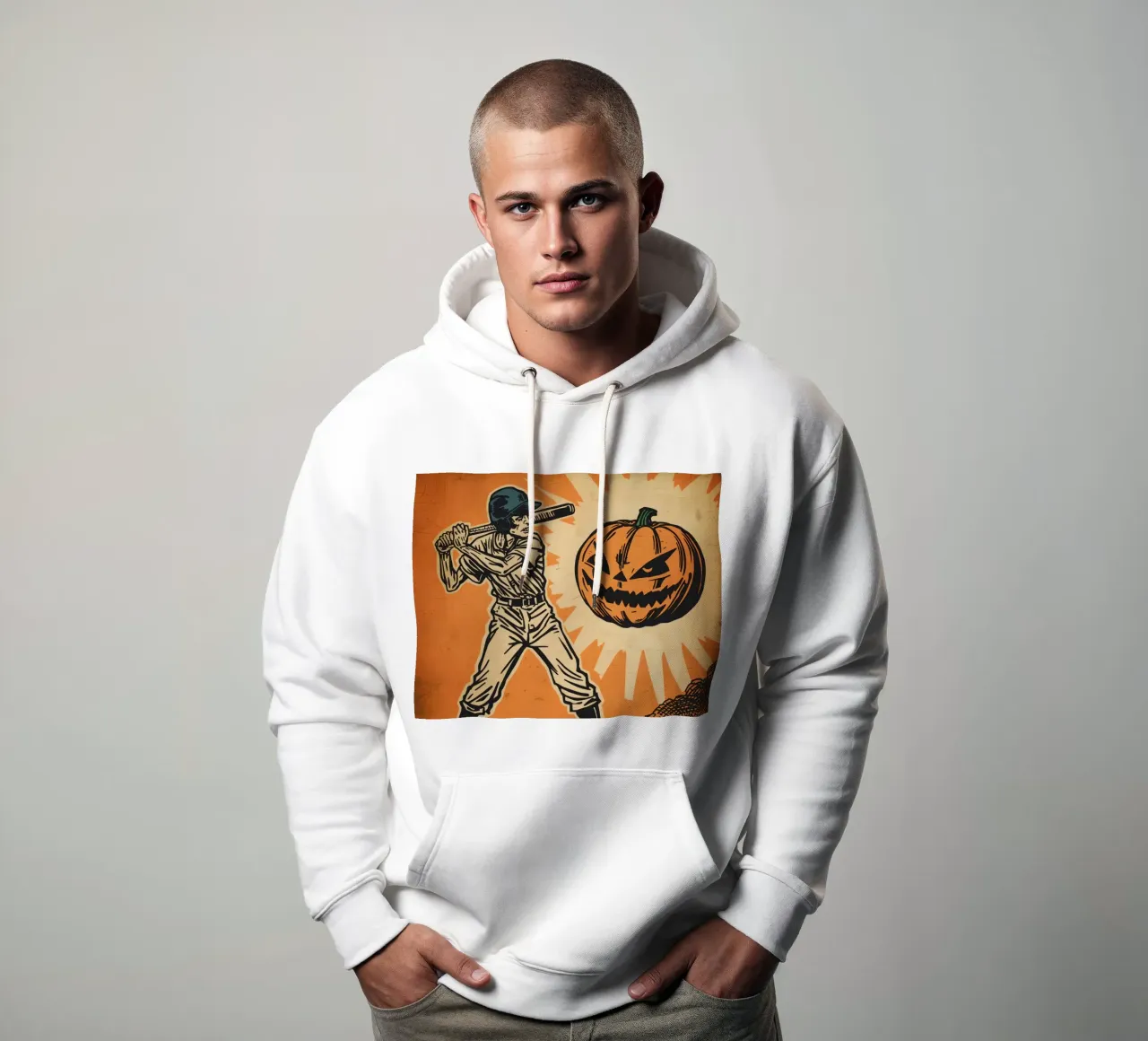 Giocatore di baseball con mazza e zucca intagliata felpa con cappuccio da DesignDoodle