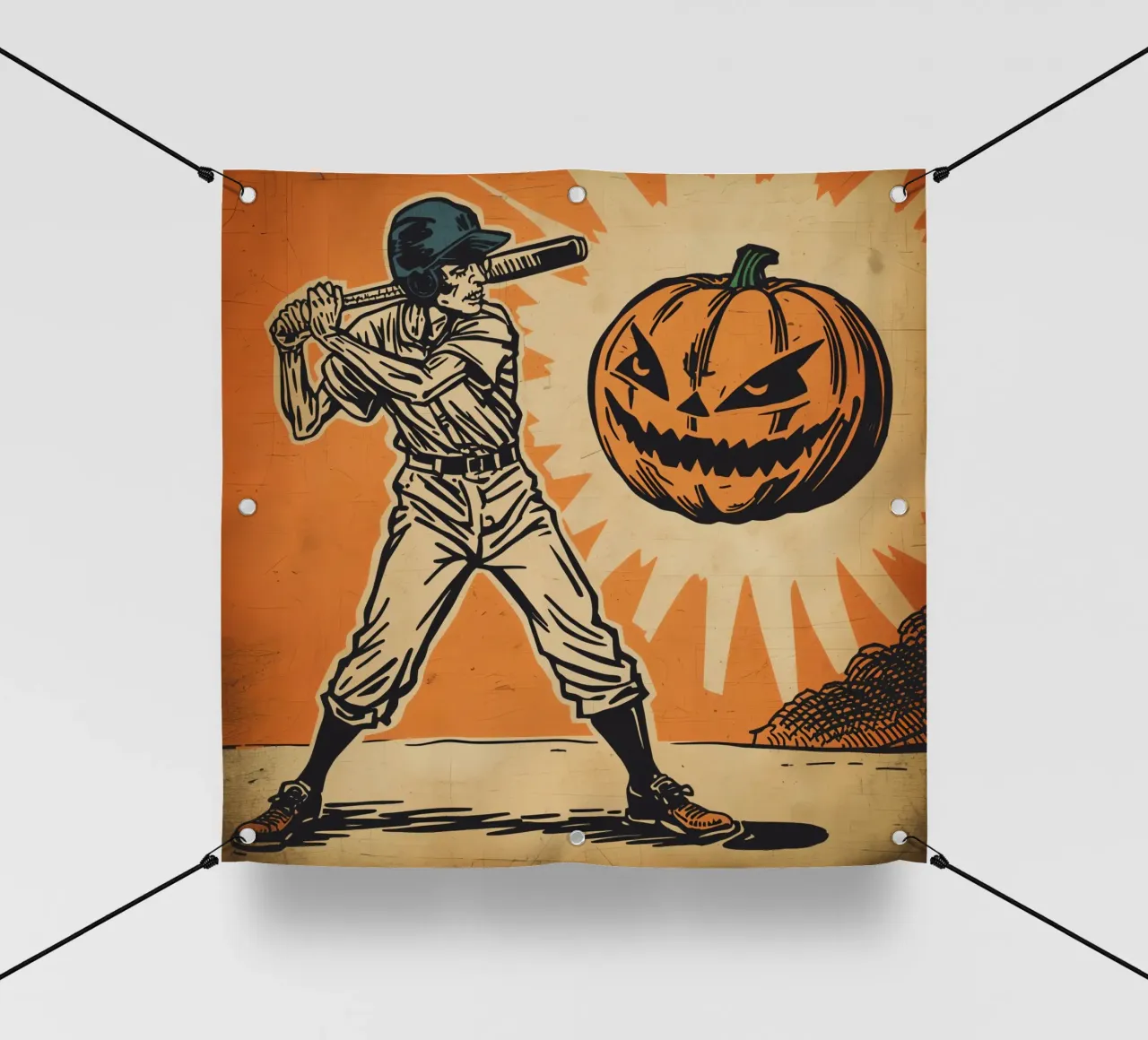 Giocatore di baseball con mazza e zucca intagliata telo in pvc da DesignDoodle