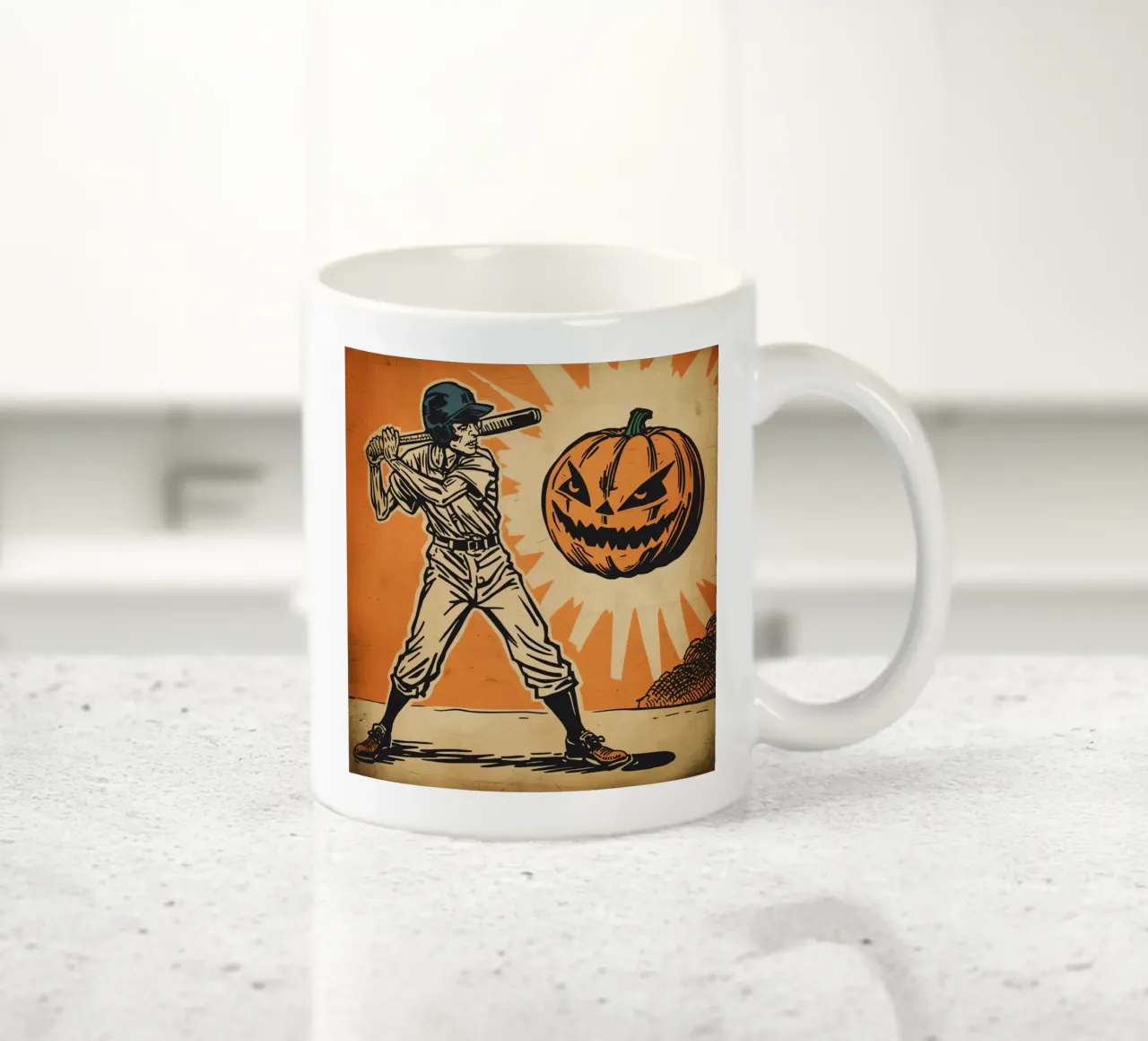 Giocatore di baseball con mazza e zucca intagliata tazza in ceramica da DesignDoodle