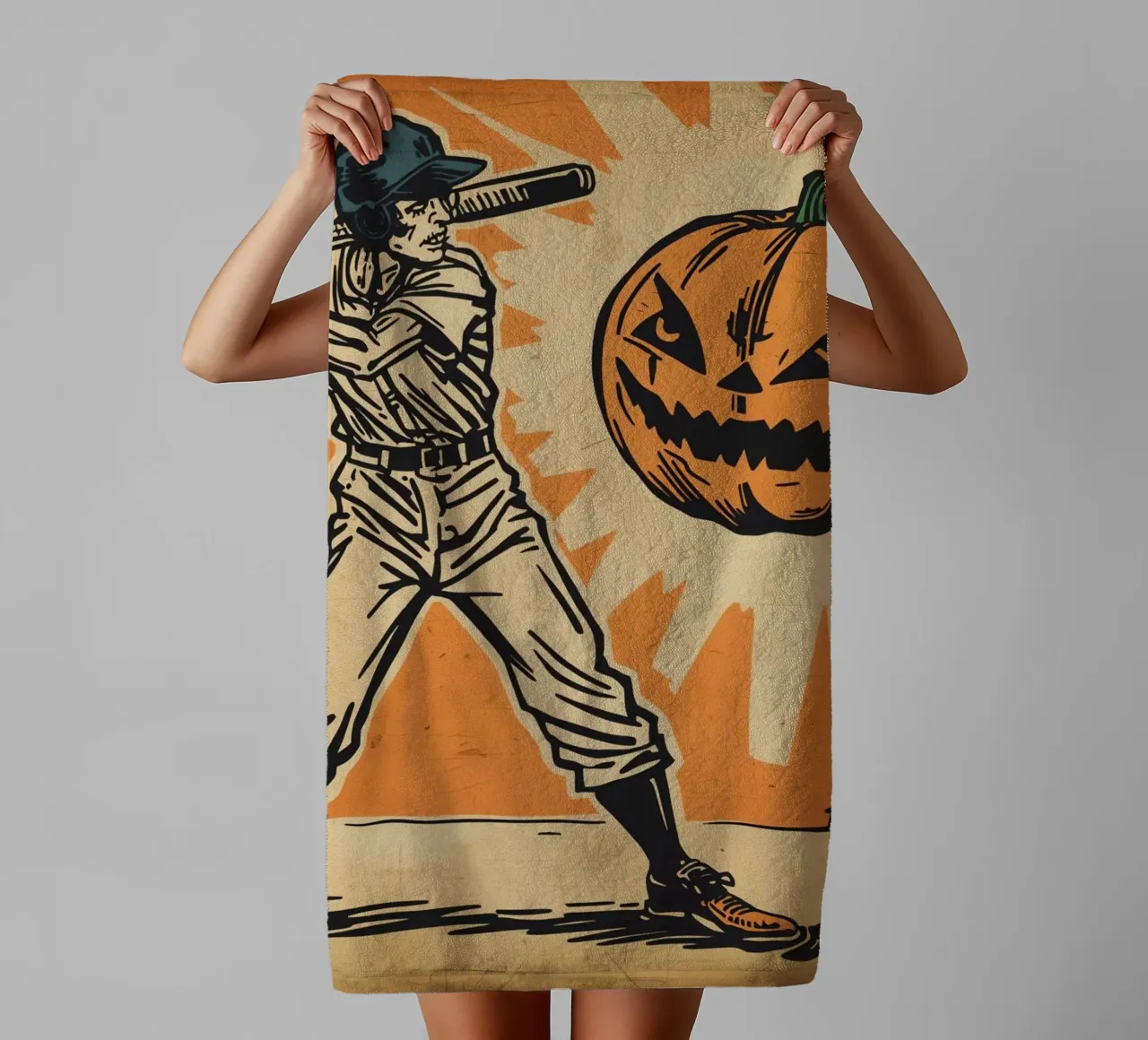Giocatore di baseball con mazza e zucca intagliata asciugamano da bagno da DesignDoodle