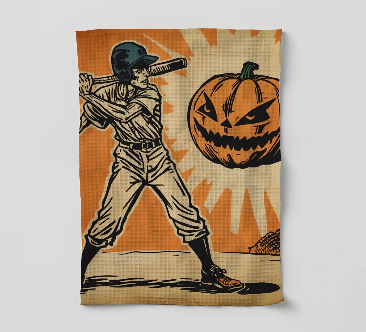 Giocatore di baseball con mazza e zucca intagliata canovaccio da cucina da DesignDoodle
