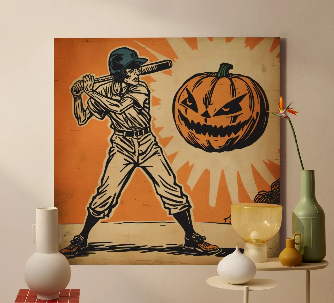 Giocatore di baseball con mazza e zucca intagliata tela con Cornice a cassetta da DesignDoodle