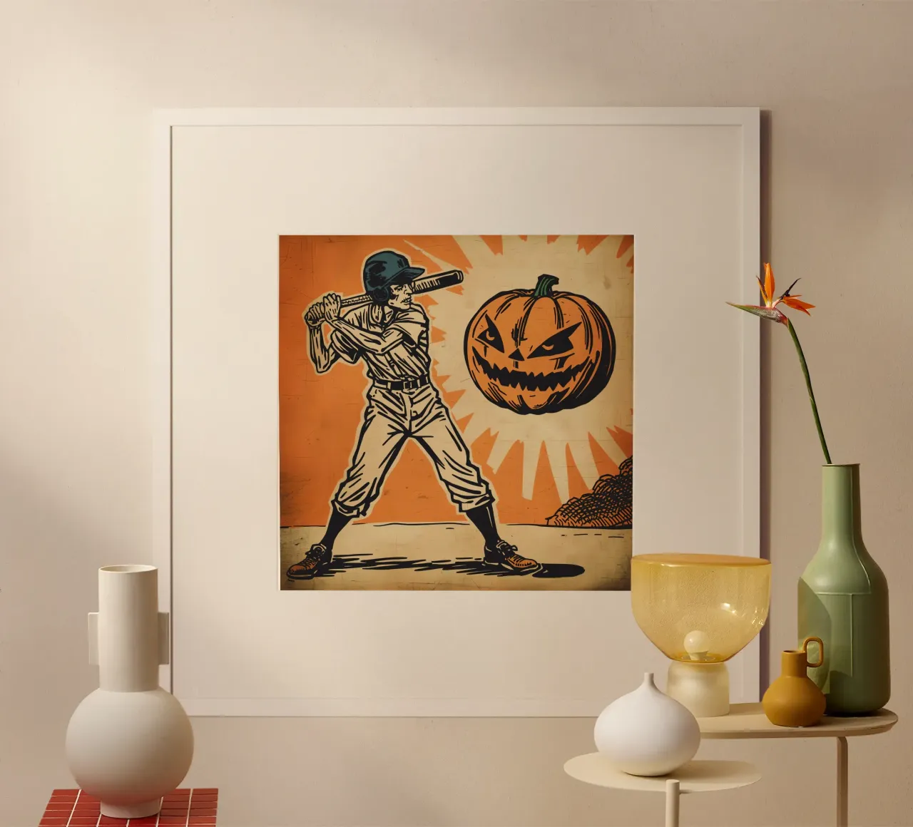 Giocatore di baseball con mazza e zucca intagliata poster con telaio in alluminio da DesignDoodle