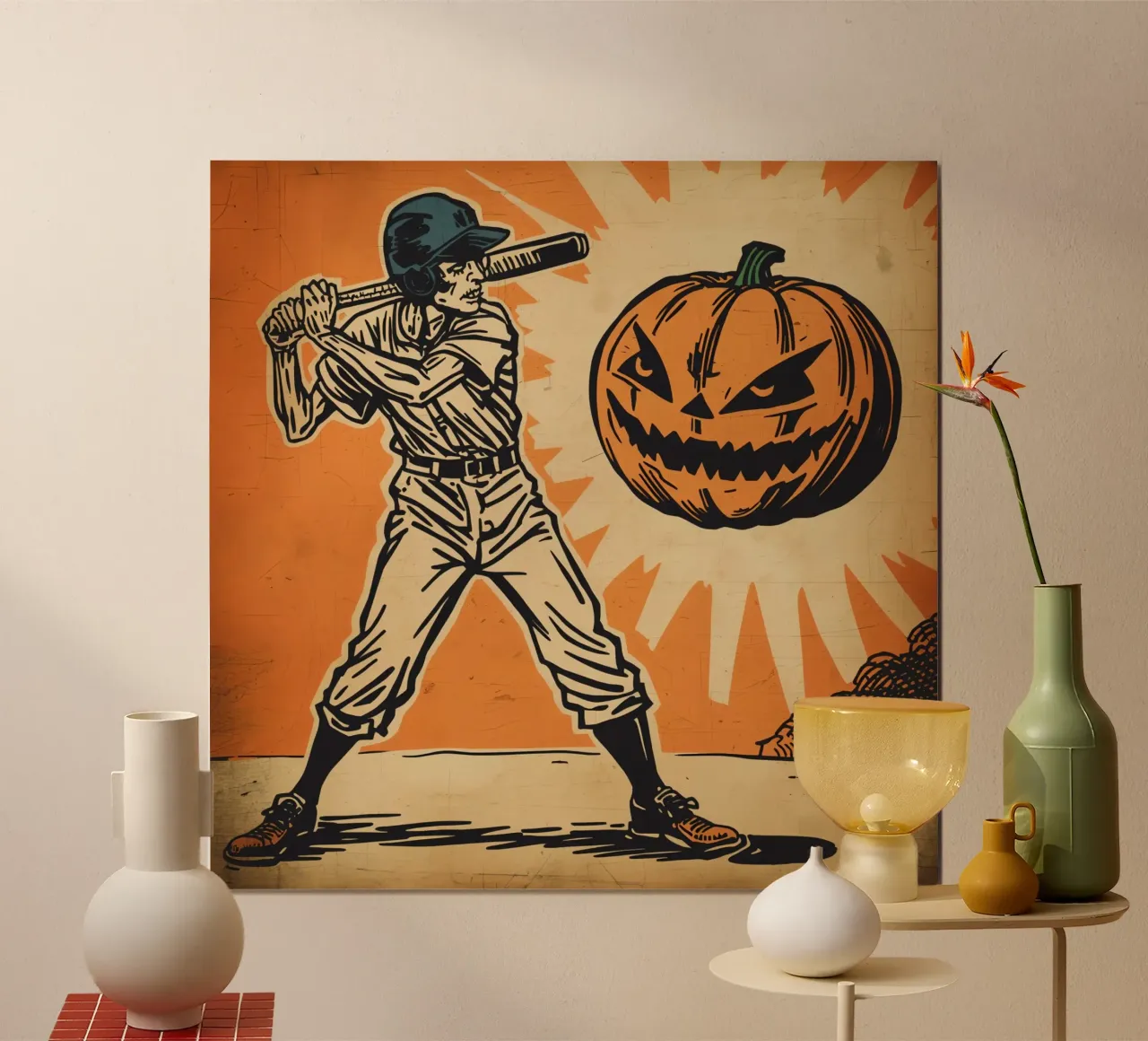 Giocatore di baseball con mazza e zucca intagliata poster con telaio in alluminio da DesignDoodle