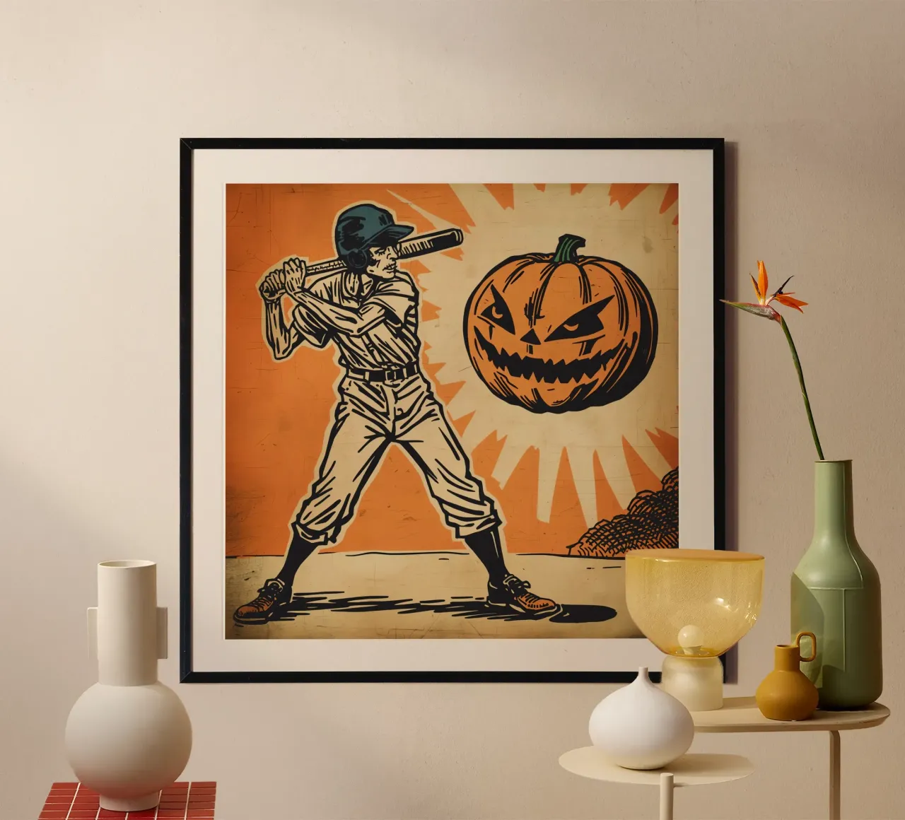 Giocatore di baseball con mazza e zucca intagliata poster con telaio in alluminio da DesignDoodle