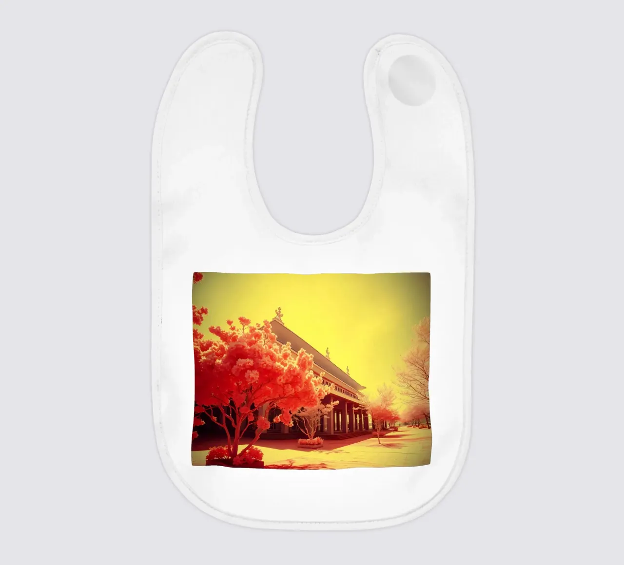 Facciata di un edificio con alberi in luce rossa e gialla bavaglino da DesignDoodle