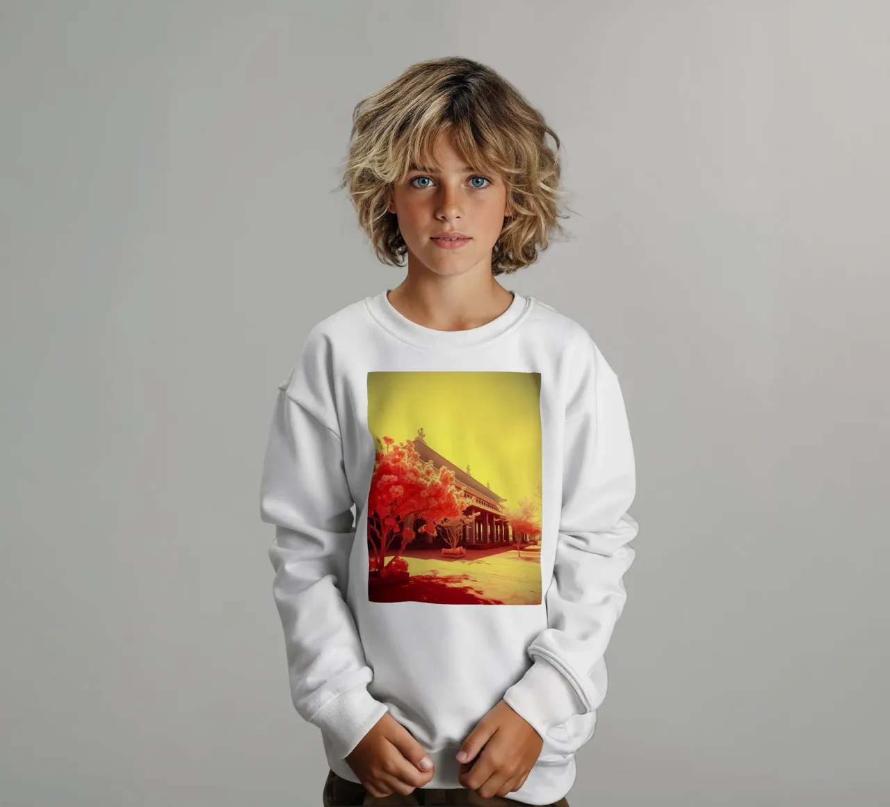 Facciata di un edificio con alberi in luce rossa e gialla felpa bambino da DesignDoodle