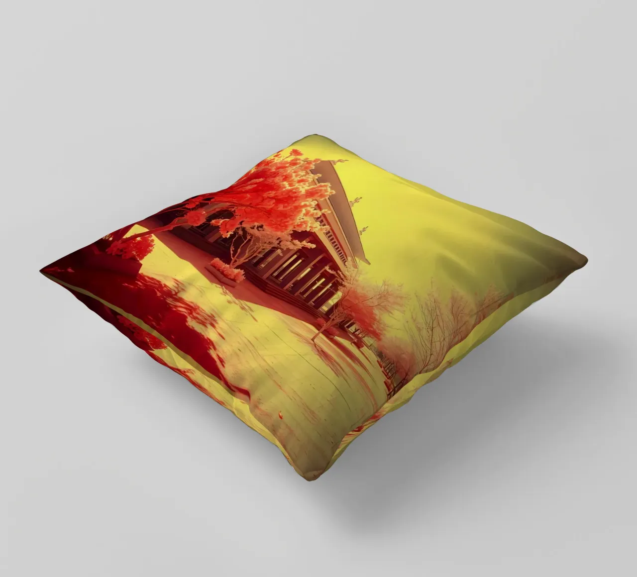 Building Facade with Trees in Red and Yellow Light decorative cushion by DesignDoodle