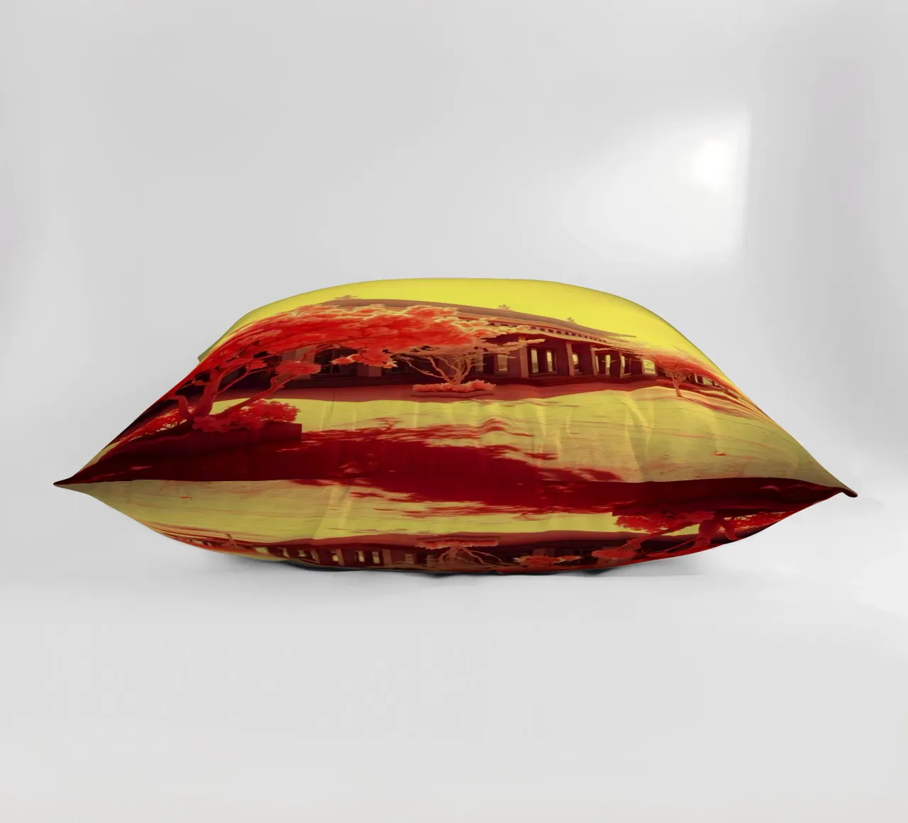 Building Facade with Trees in Red and Yellow Light decorative cushion by DesignDoodle