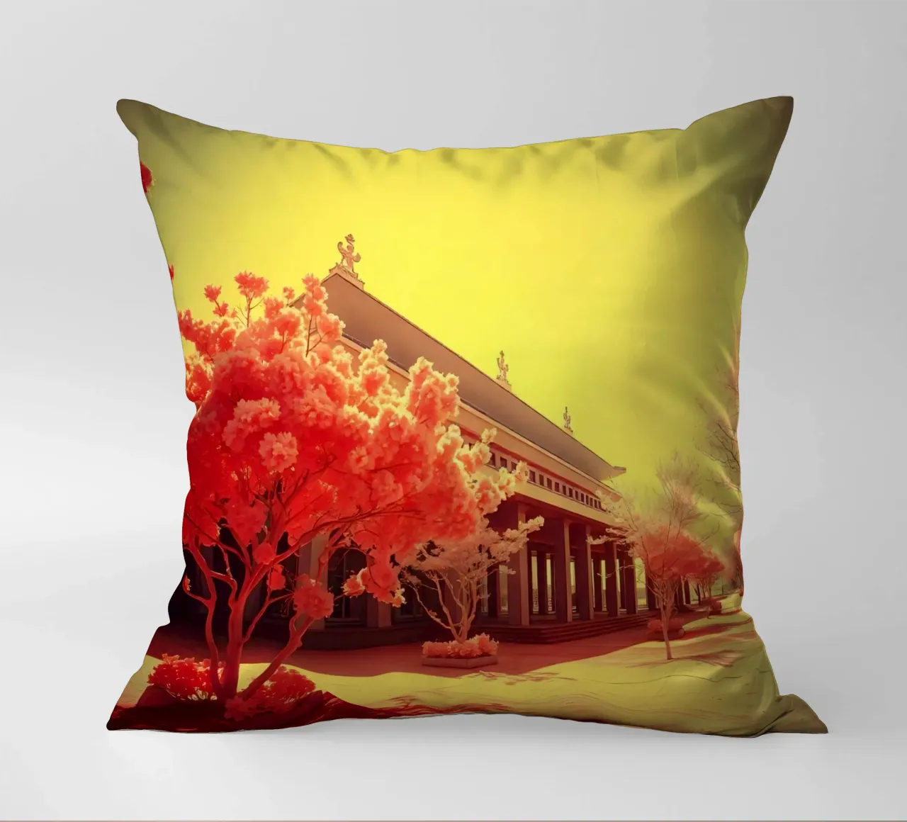 Building Facade with Trees in Red and Yellow Light decorative cushion by DesignDoodle