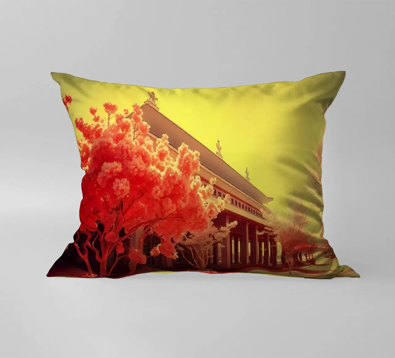 Building Facade with Trees in Red and Yellow Light decorative cushion by DesignDoodle