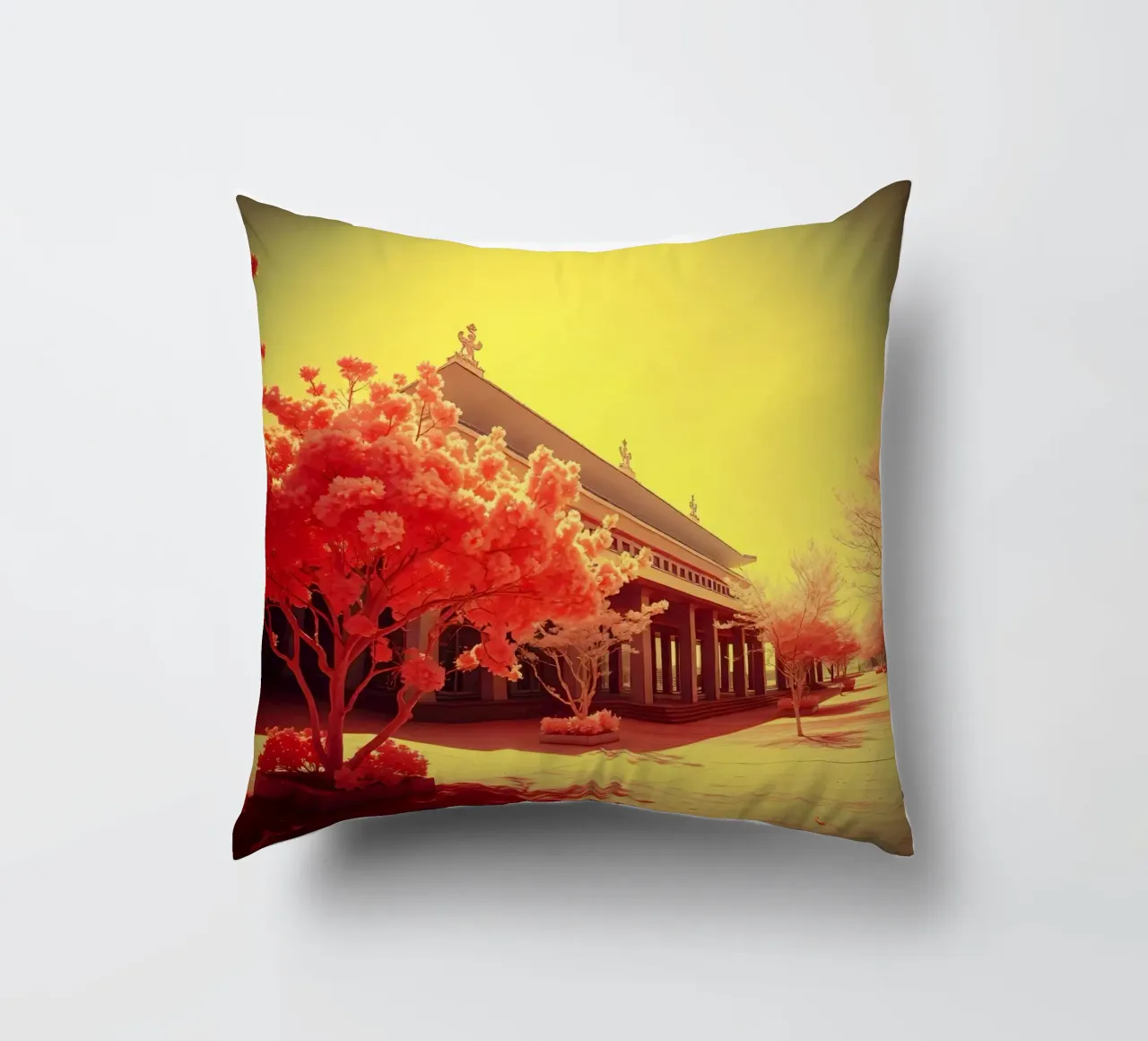 Building Facade with Trees in Red and Yellow Light decorative cushion by DesignDoodle