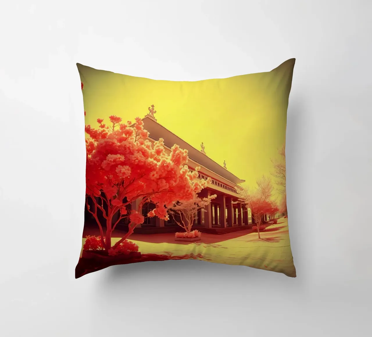 Building Facade with Trees in Red and Yellow Light decorative cushion by DesignDoodle