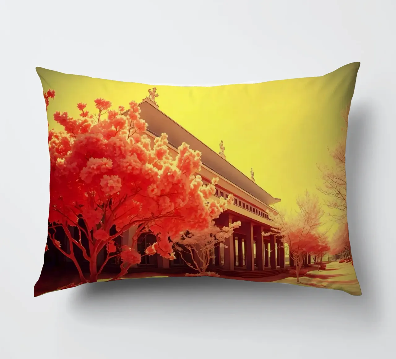 Building Facade with Trees in Red and Yellow Light decorative cushion by DesignDoodle