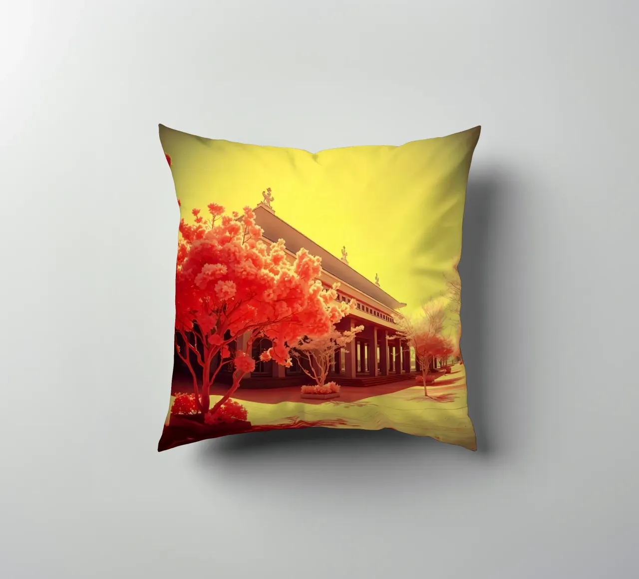 Building Facade with Trees in Red and Yellow Light decorative cushion by DesignDoodle