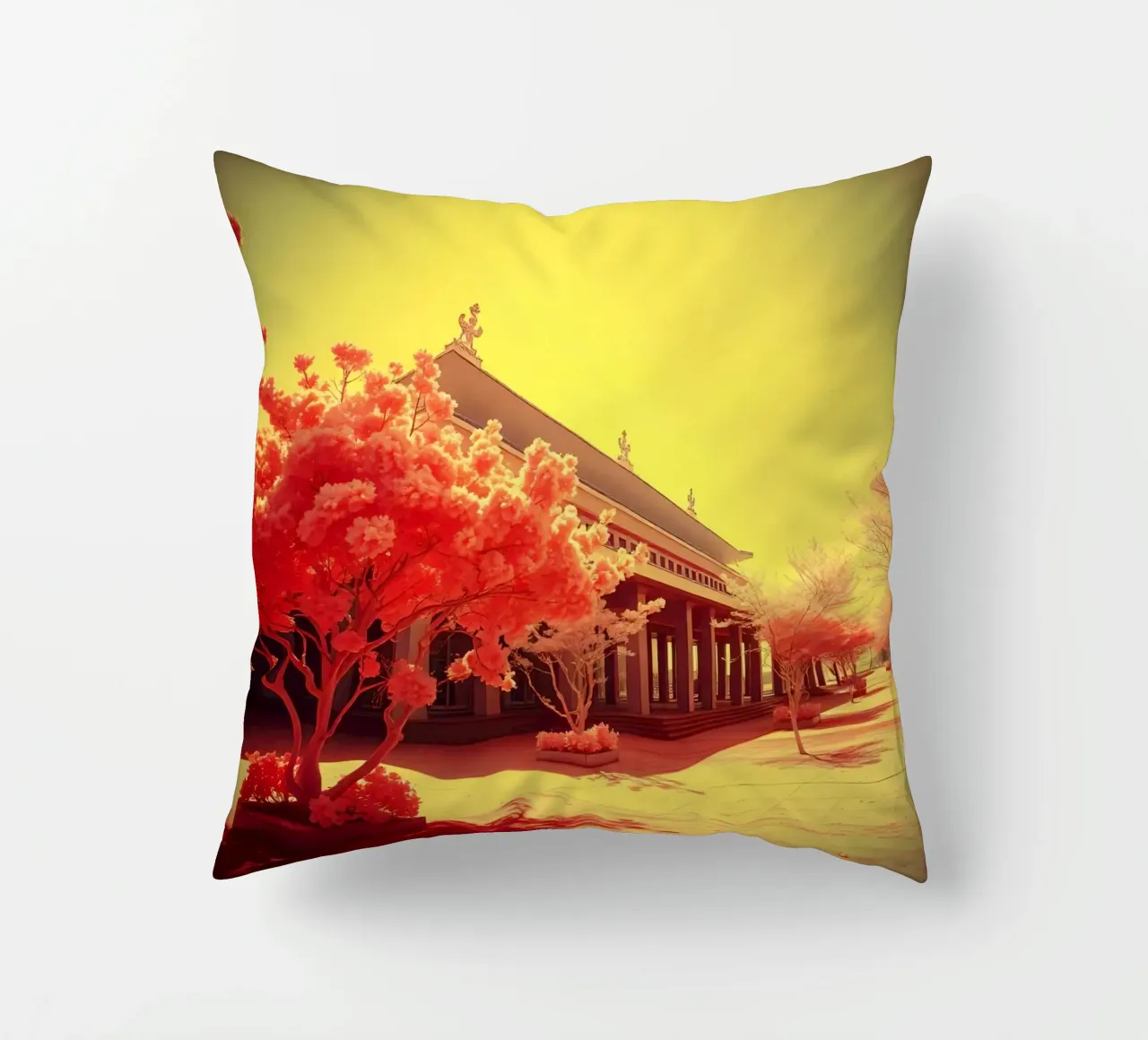 Building Facade with Trees in Red and Yellow Light decorative cushion by DesignDoodle