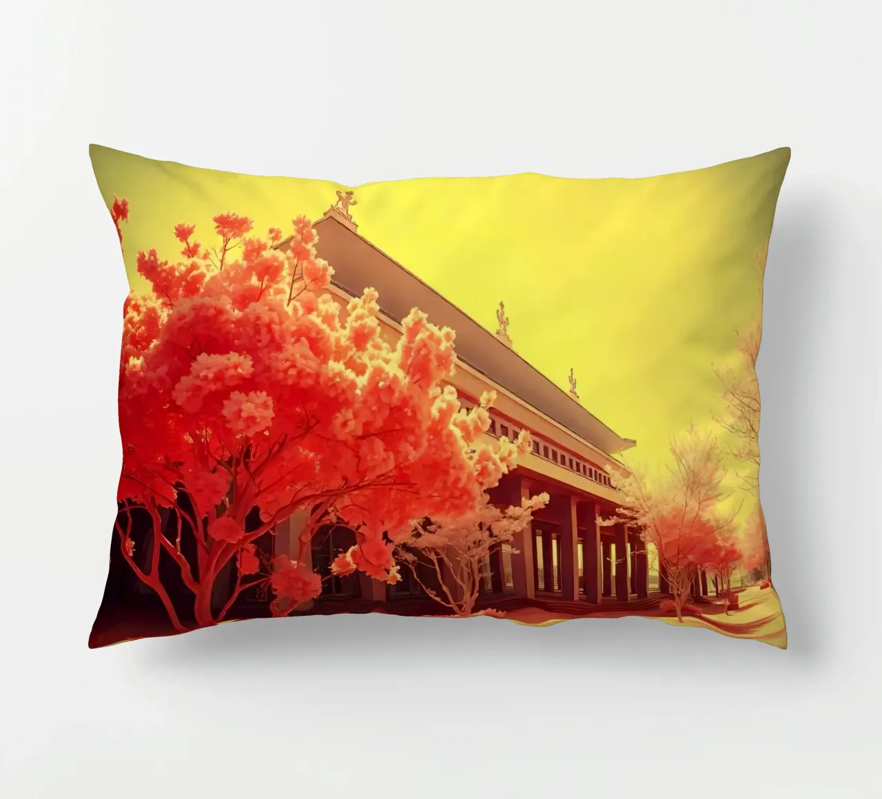 Building Facade with Trees in Red and Yellow Light decorative cushion by DesignDoodle