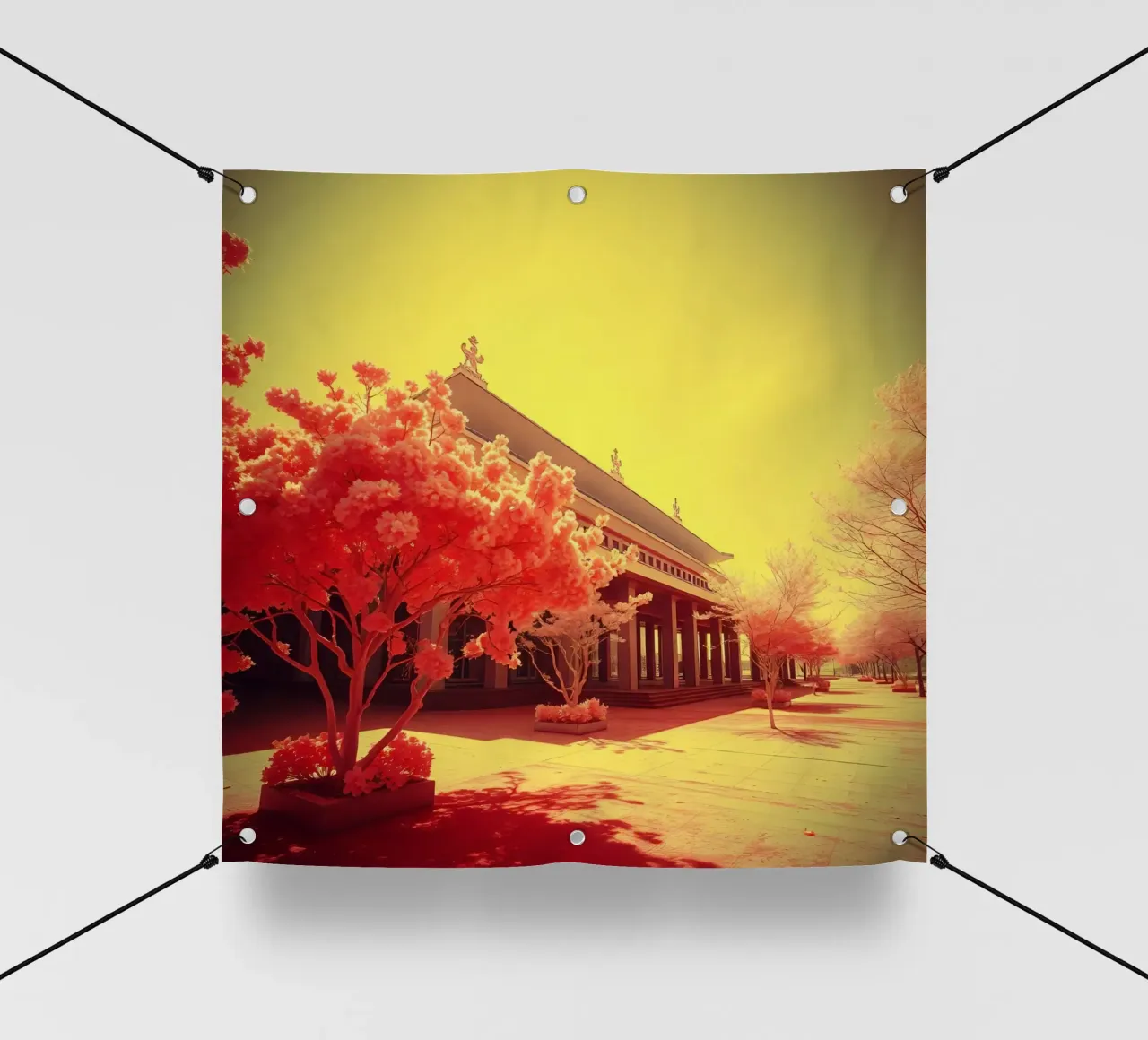 Facciata di un edificio con alberi in luce rossa e gialla telo in pvc da DesignDoodle