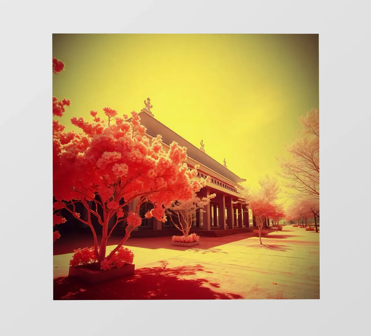 Facciata di un edificio con alberi in luce rossa e gialla telo in pvc da DesignDoodle