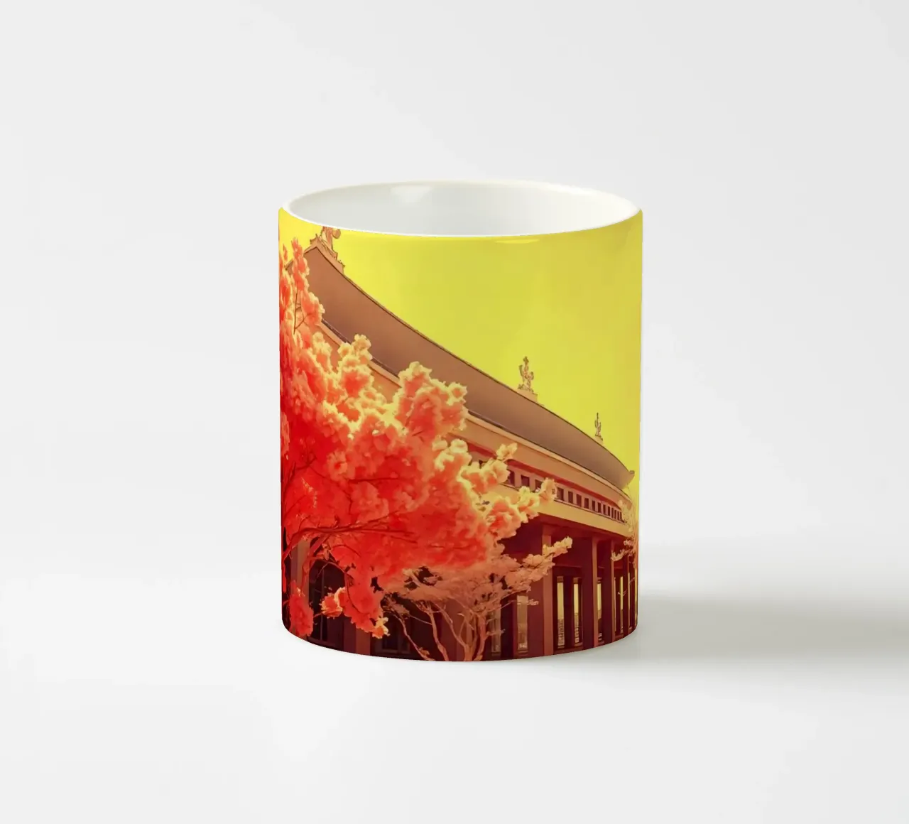 Facciata di un edificio con alberi in luce rossa e gialla tazza in ceramica da DesignDoodle