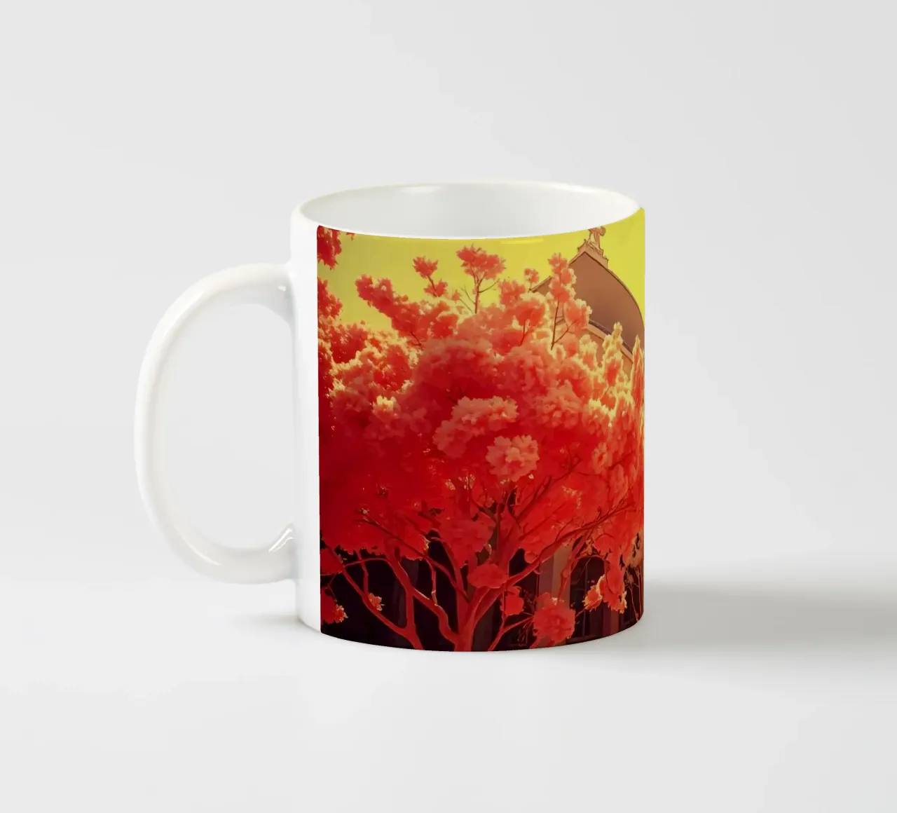 Facciata di un edificio con alberi in luce rossa e gialla tazza in ceramica da DesignDoodle