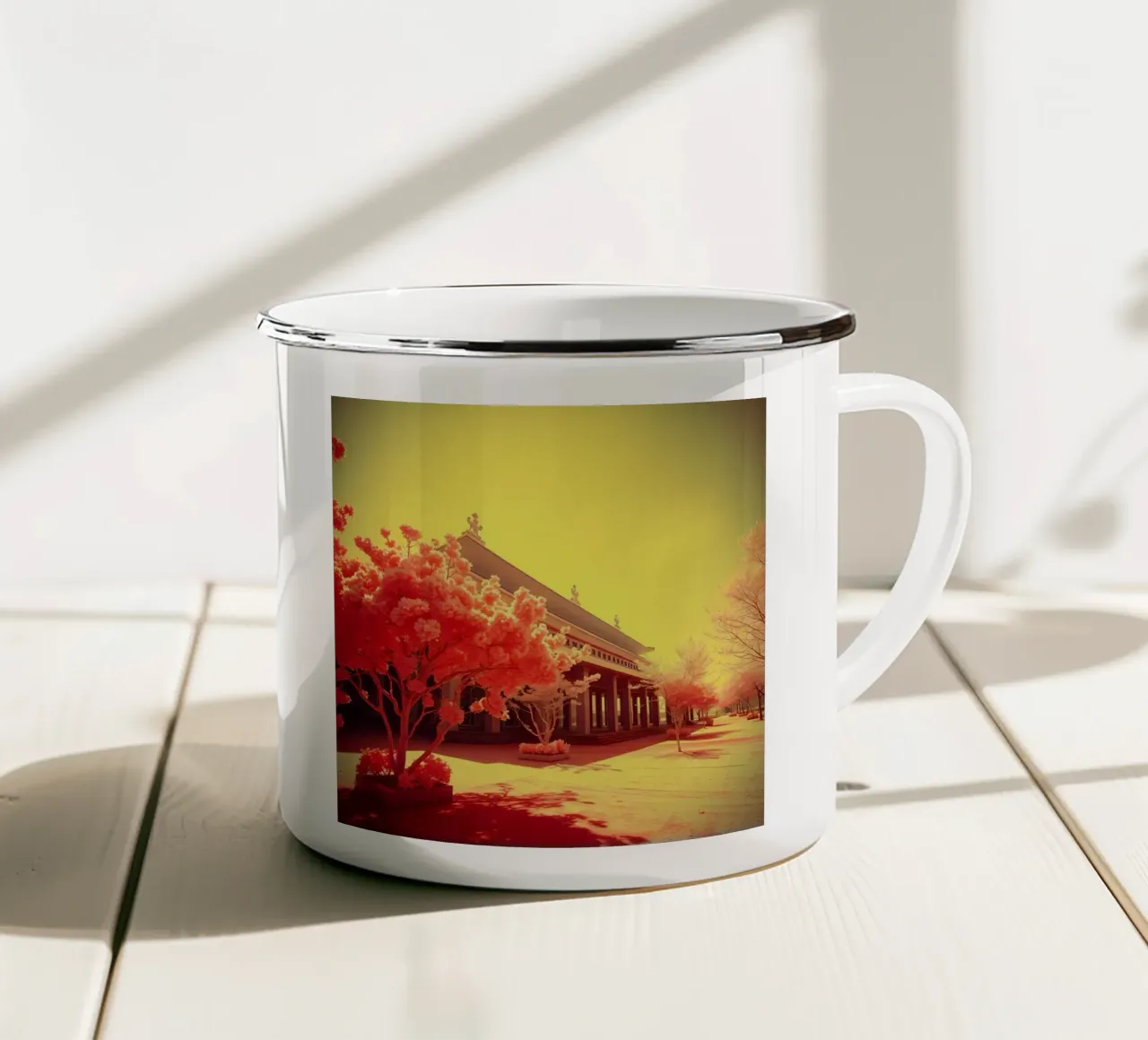 Facciata di un edificio con alberi in luce rossa e gialla tazza in smalto da DesignDoodle