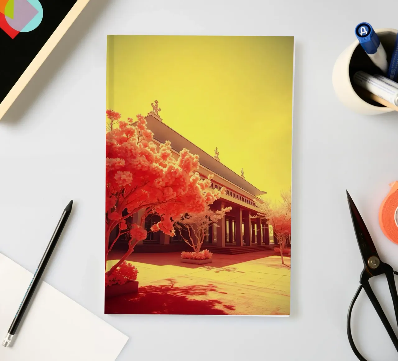 Building Facade with Trees in Red and Yellow Light notebook by DesignDoodle