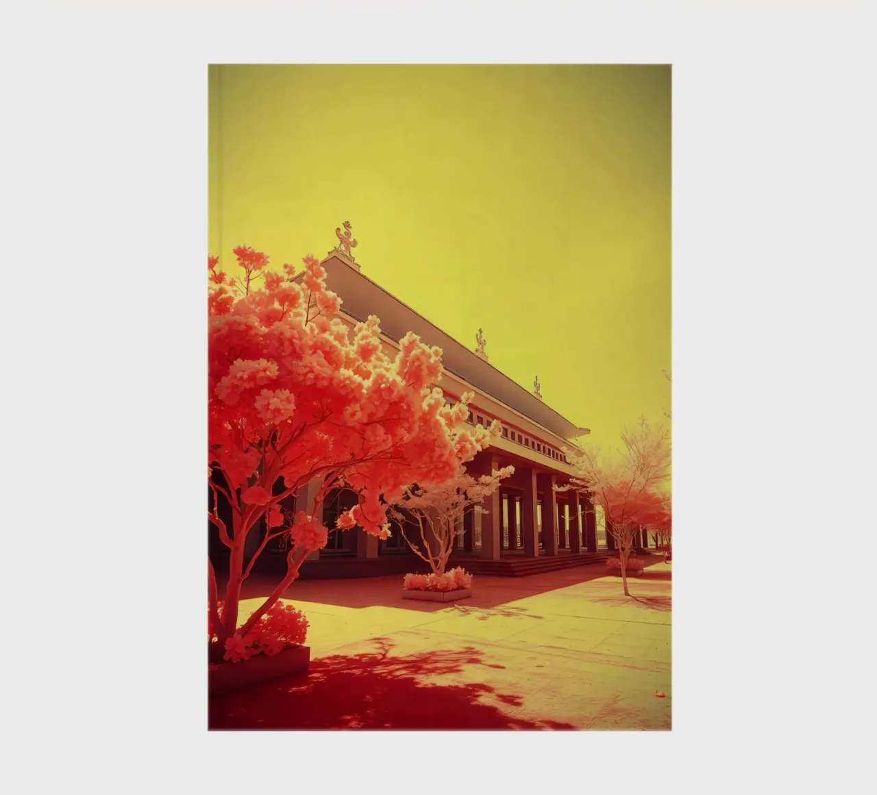 Building Facade with Trees in Red and Yellow Light notebook by DesignDoodle