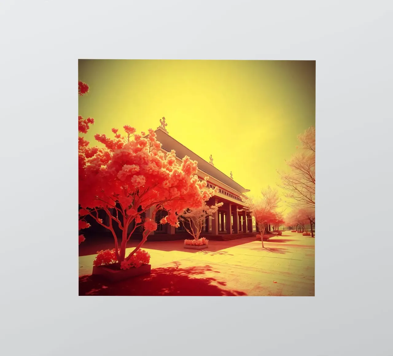 Façade d'un bâtiment avec arbres en lumière rouge et jaune autocollant de DesignDoodle