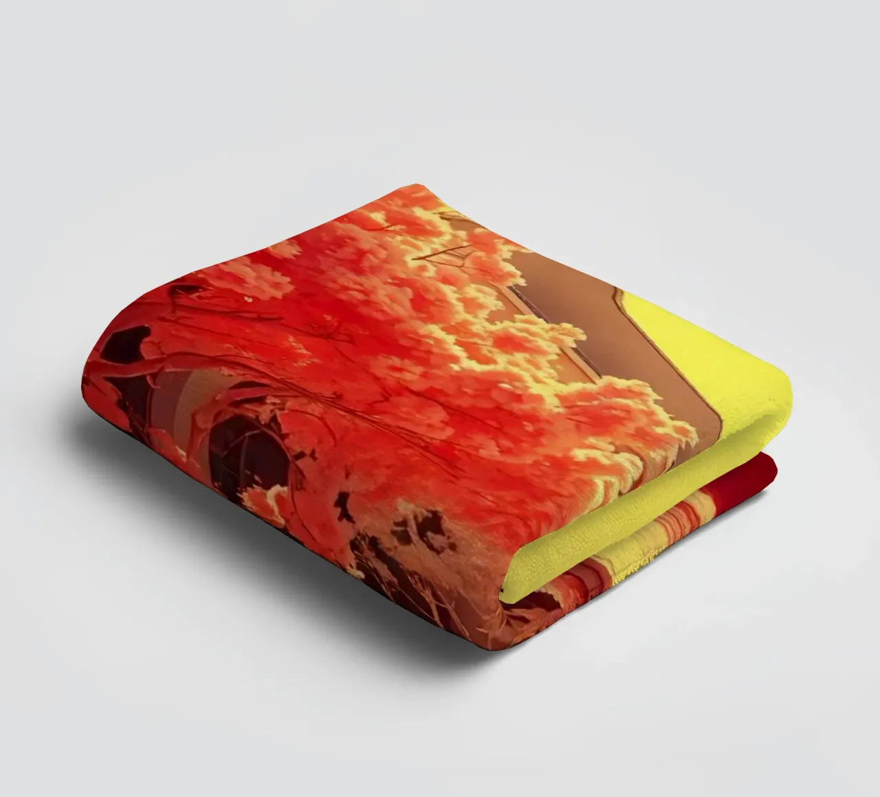Building Facade with Trees in Red and Yellow Light towel by DesignDoodle